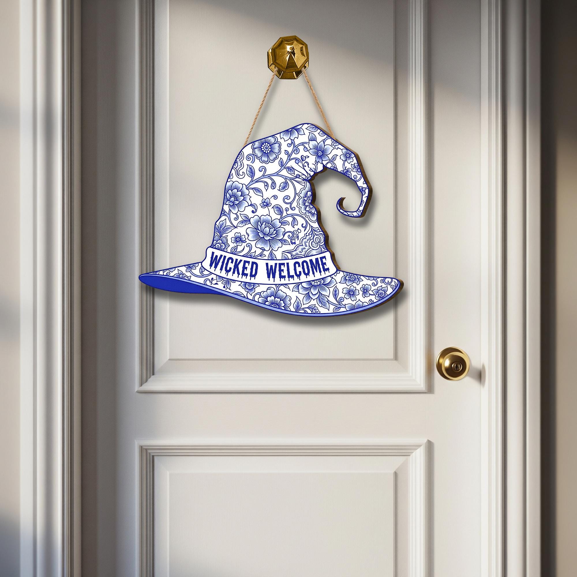Wicked Welcome Witch Hat Sign, Blue and White Chinoiserie Door Hanger, Elegant Halloween Decor for Front Door, Grandmillennial Spooky Art