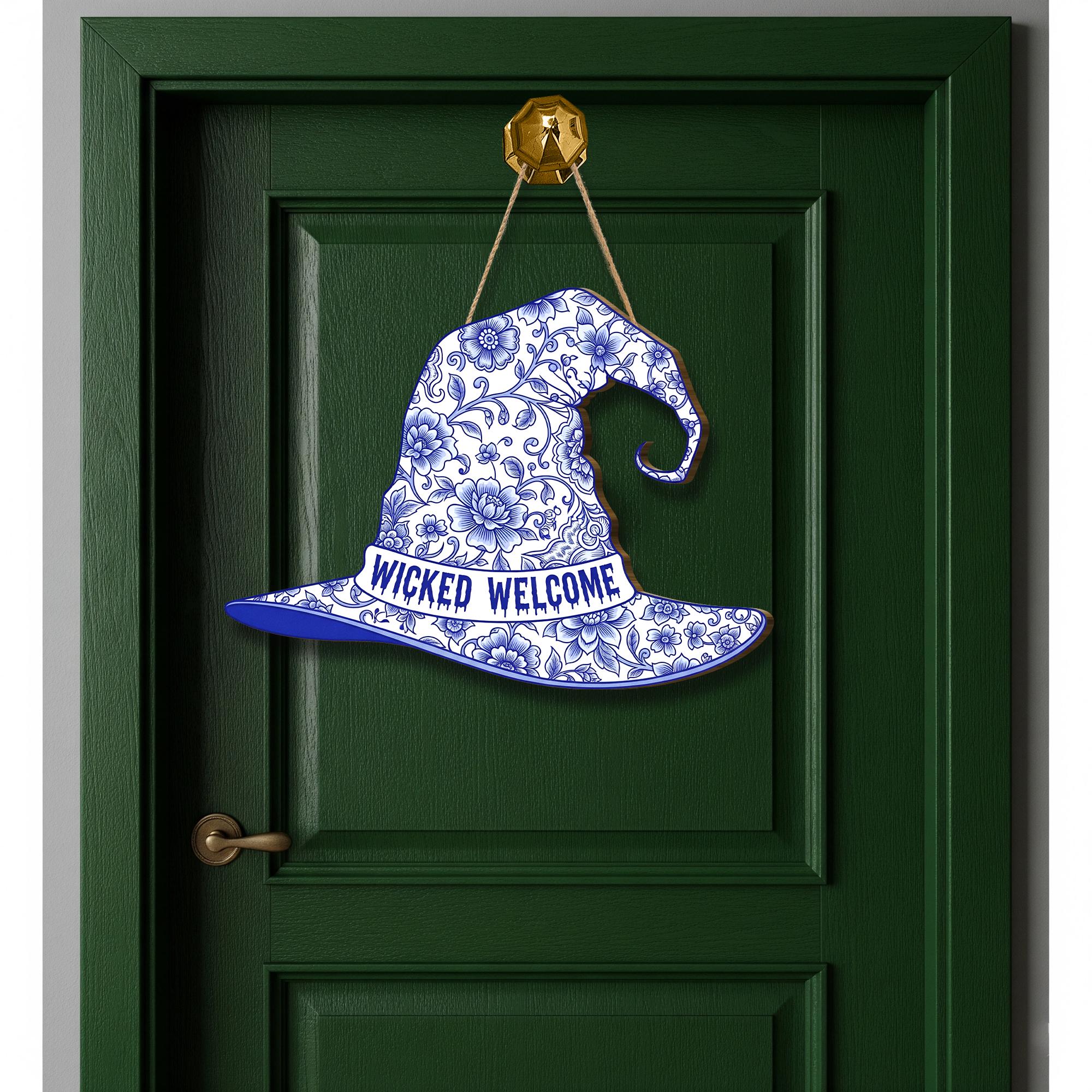 Wicked Welcome Witch Hat Sign, Blue and White Chinoiserie Door Hanger, Elegant Halloween Decor for Front Door, Grandmillennial Spooky Art