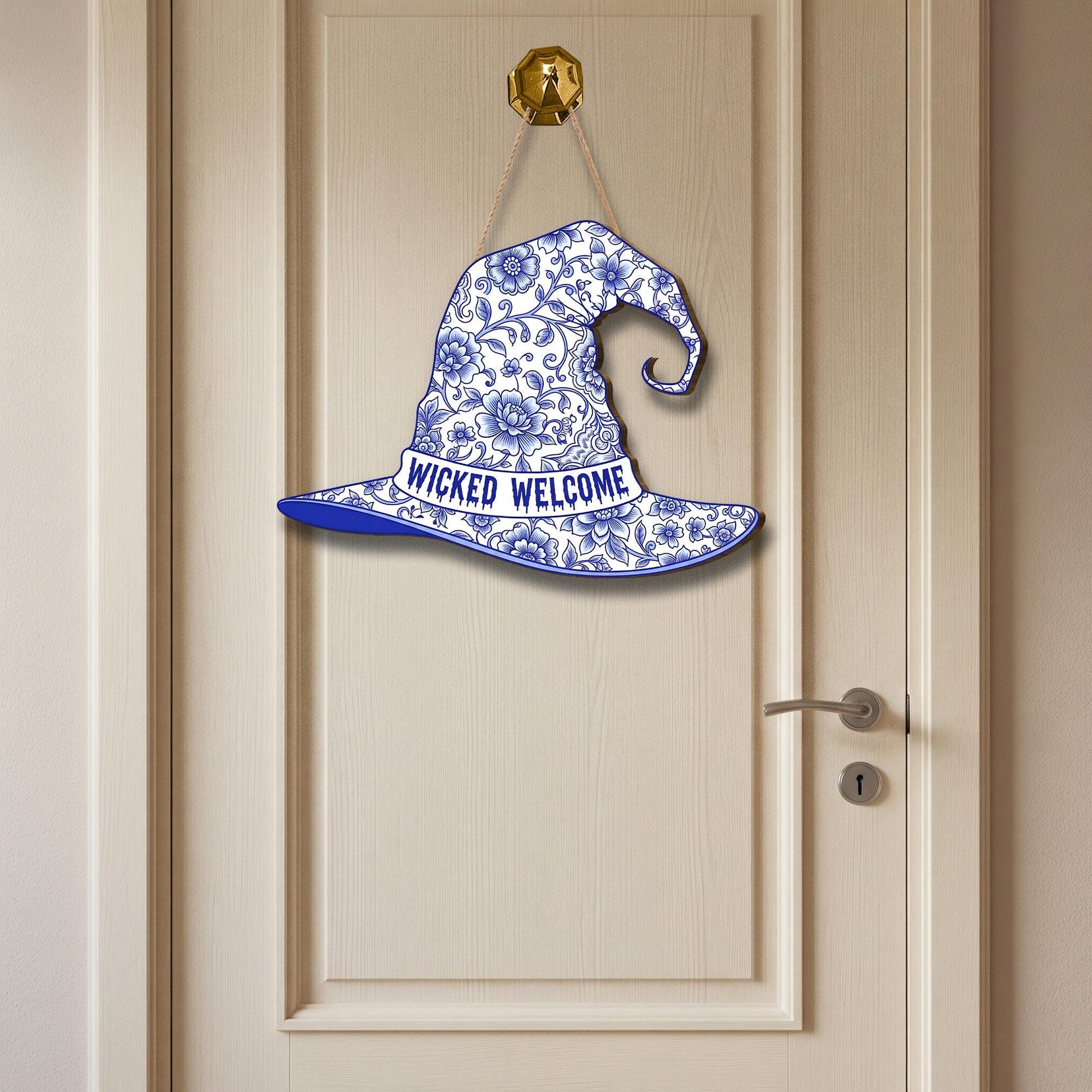 Wicked Welcome Witch Hat Sign, Blue and White Chinoiserie Door Hanger, Elegant Halloween Decor for Front Door, Grandmillennial Spooky Art