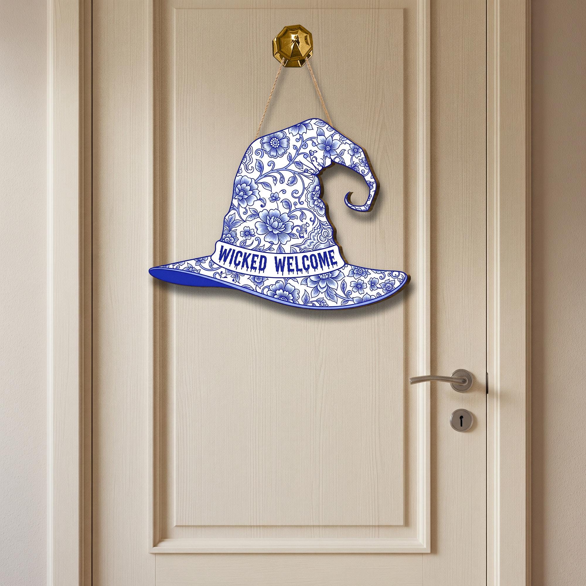 Wicked Welcome Witch Hat Sign, Blue and White Chinoiserie Door Hanger, Elegant Halloween Decor for Front Door, Grandmillennial Spooky Art