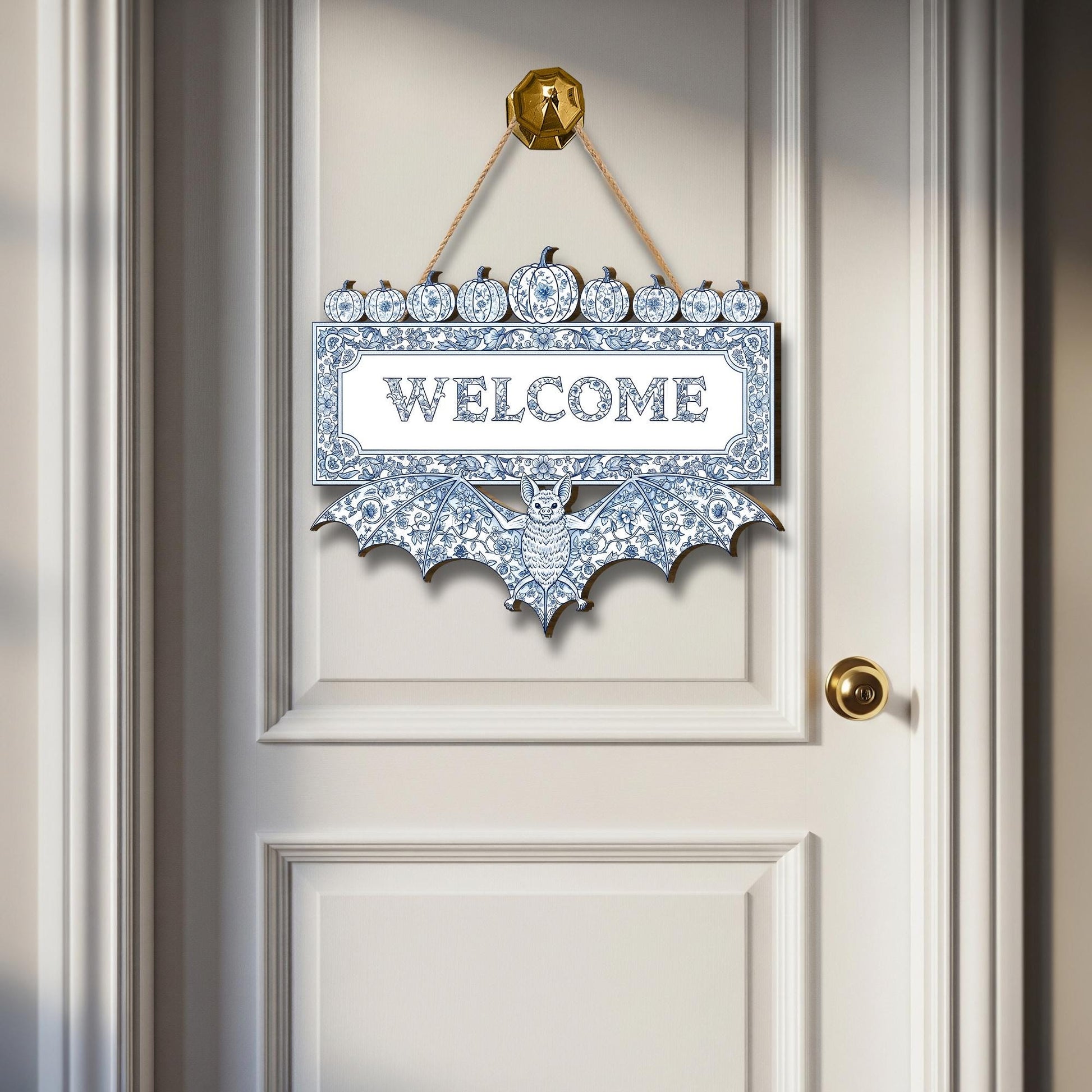 Chinoiserie Halloween Welcome Sign, Blue and White Bat Door Hanger, Elegant Gothic Decor, Spooky Pumpkin Front Door Wreath
