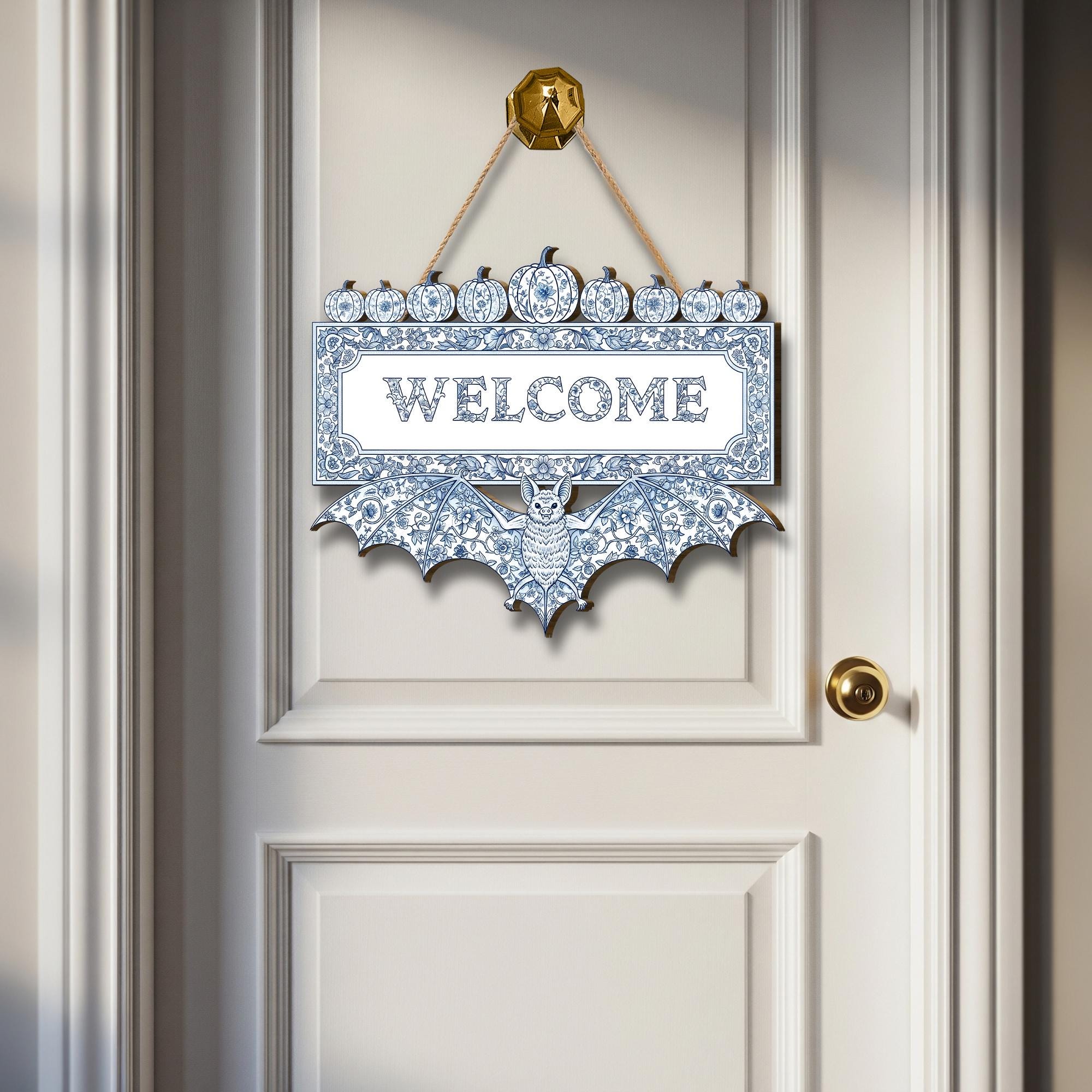 Chinoiserie Halloween Welcome Sign, Blue and White Bat Door Hanger, Elegant Gothic Decor, Spooky Pumpkin Front Door Wreath