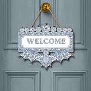 Chinoiserie Halloween Welcome Sign, Blue and White Bat Door Hanger, Elegant Gothic Decor, Spooky Pumpkin Front Door Wreath