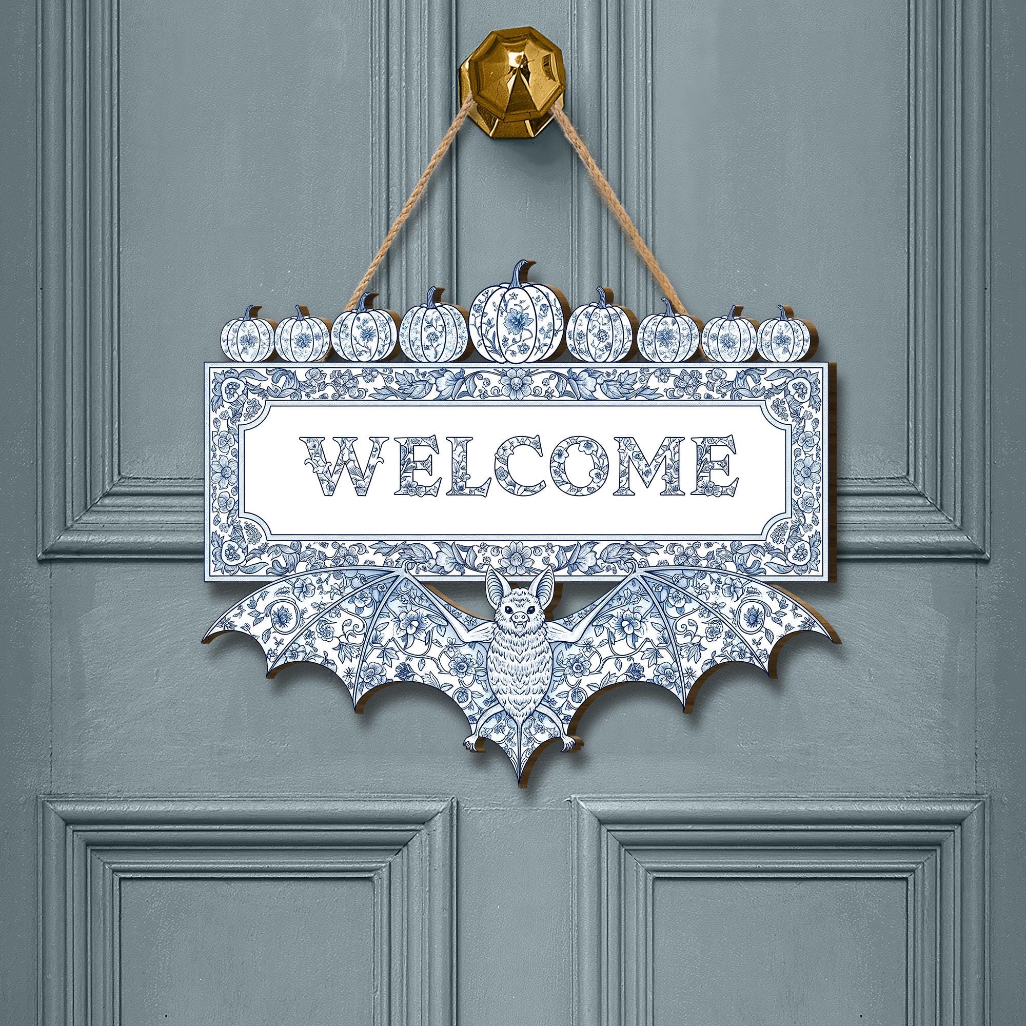 Chinoiserie Halloween Welcome Sign, Blue and White Bat Door Hanger, Elegant Gothic Decor, Spooky Pumpkin Front Door Wreath