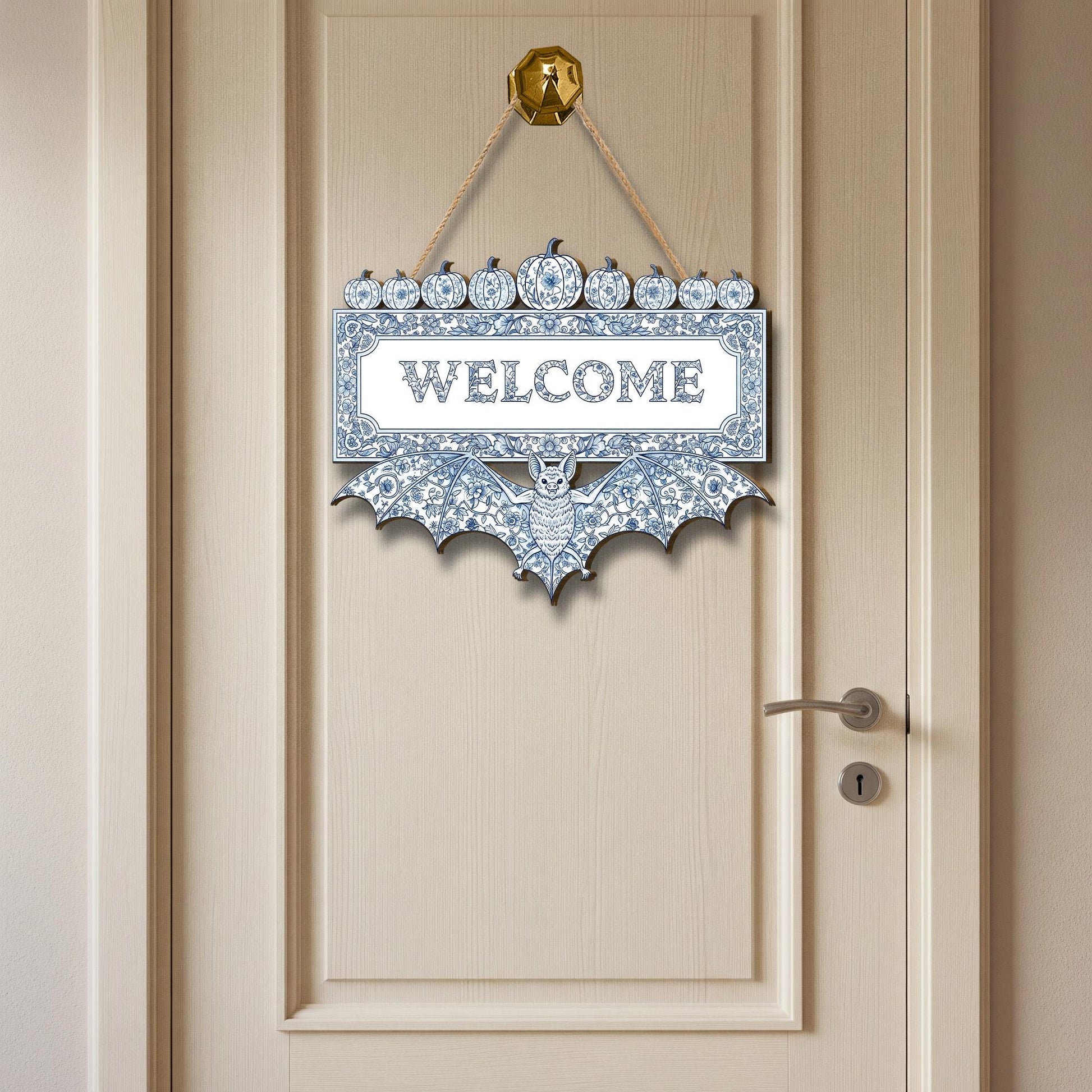 Chinoiserie Halloween Welcome Sign, Blue and White Bat Door Hanger, Elegant Gothic Decor, Spooky Pumpkin Front Door Wreath