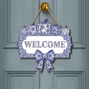 Chinoiserie Pumpkin Welcome Sign, Blue and White Fall Door Hanger, Autumn Front Porch Decor, Grandmillennial Halloween Wooden Plaque