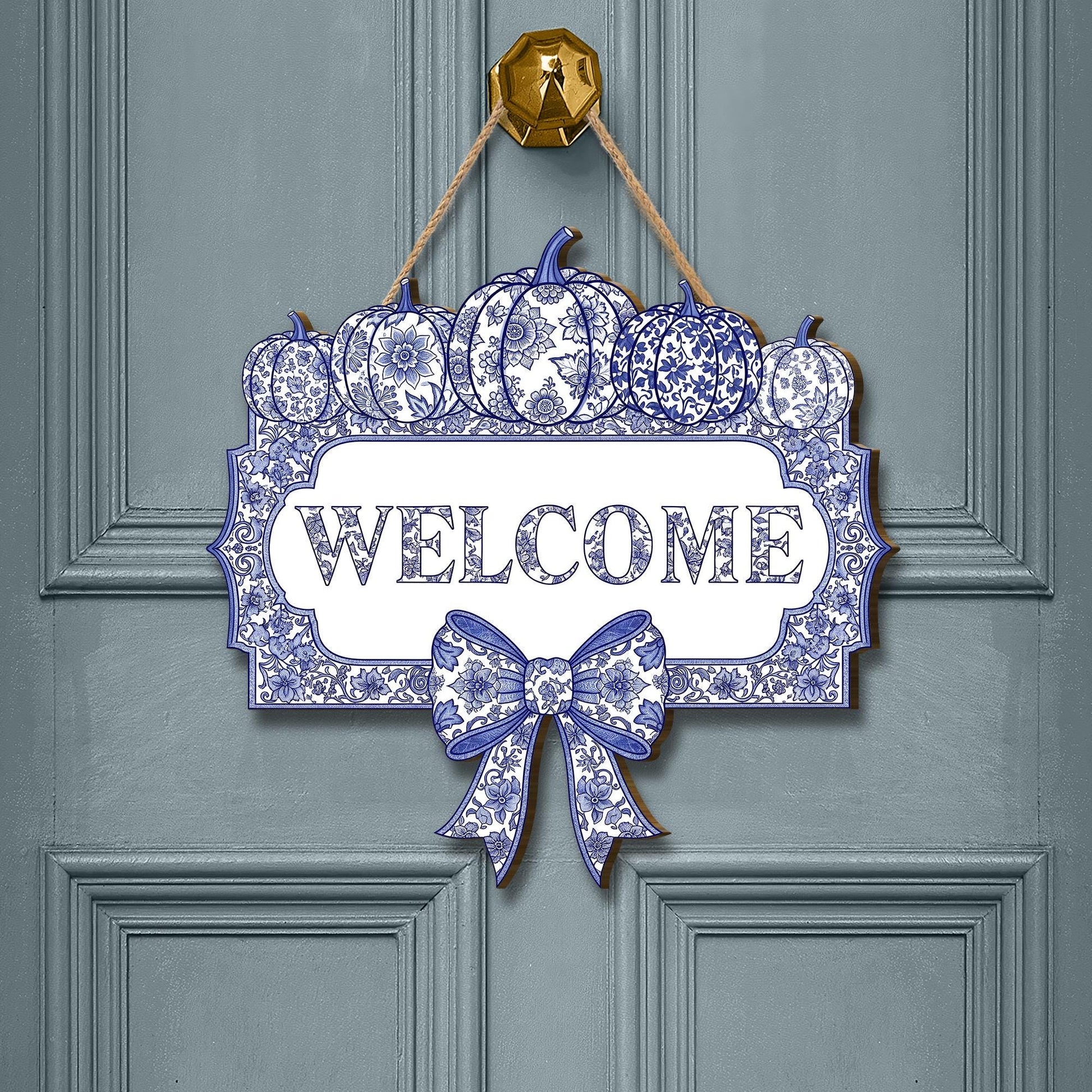 Chinoiserie Pumpkin Welcome Sign, Blue and White Fall Door Hanger, Autumn Front Porch Decor, Grandmillennial Halloween Wooden Plaque