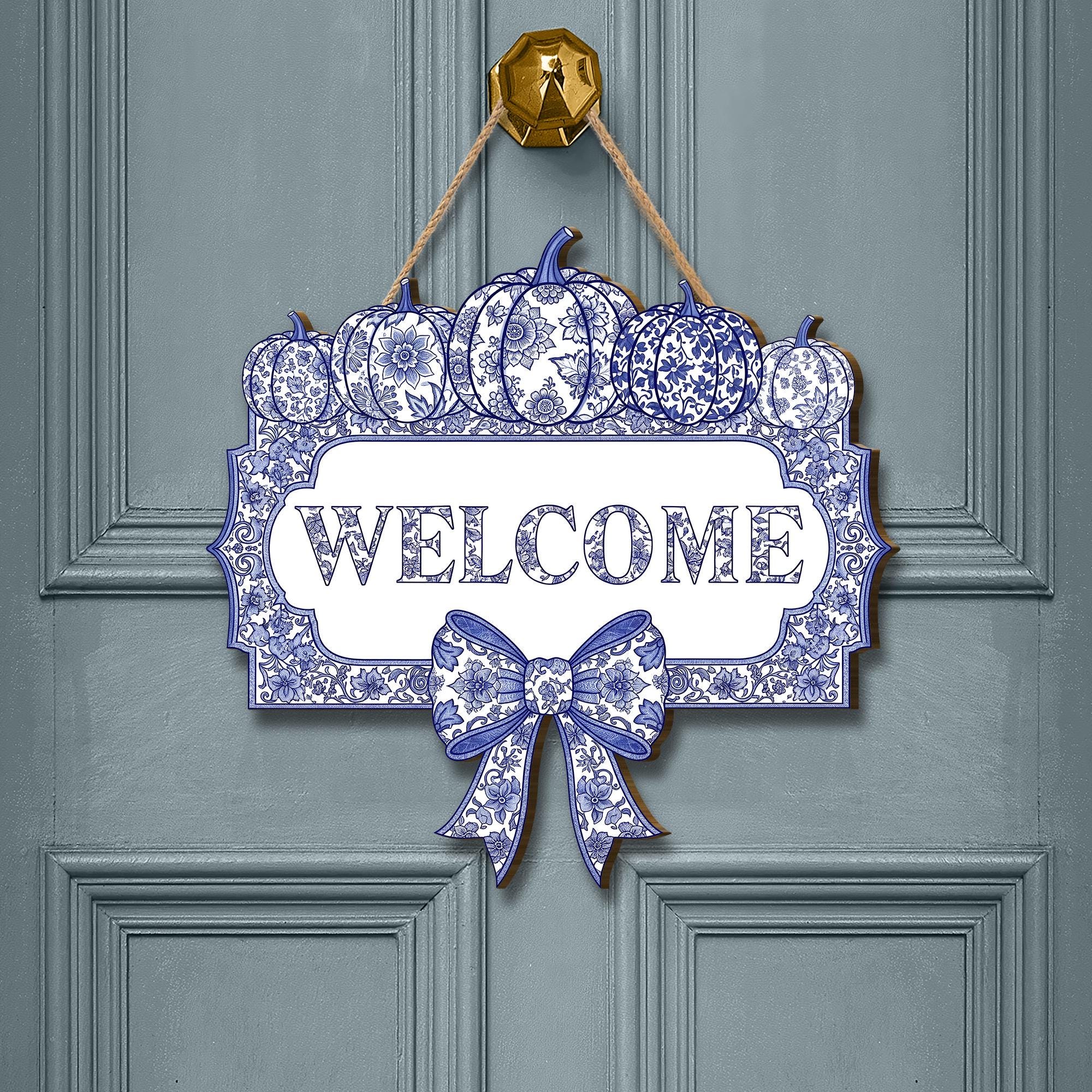 Chinoiserie Pumpkin Welcome Sign, Blue and White Fall Door Hanger, Autumn Front Porch Decor, Grandmillennial Halloween Wooden Plaque