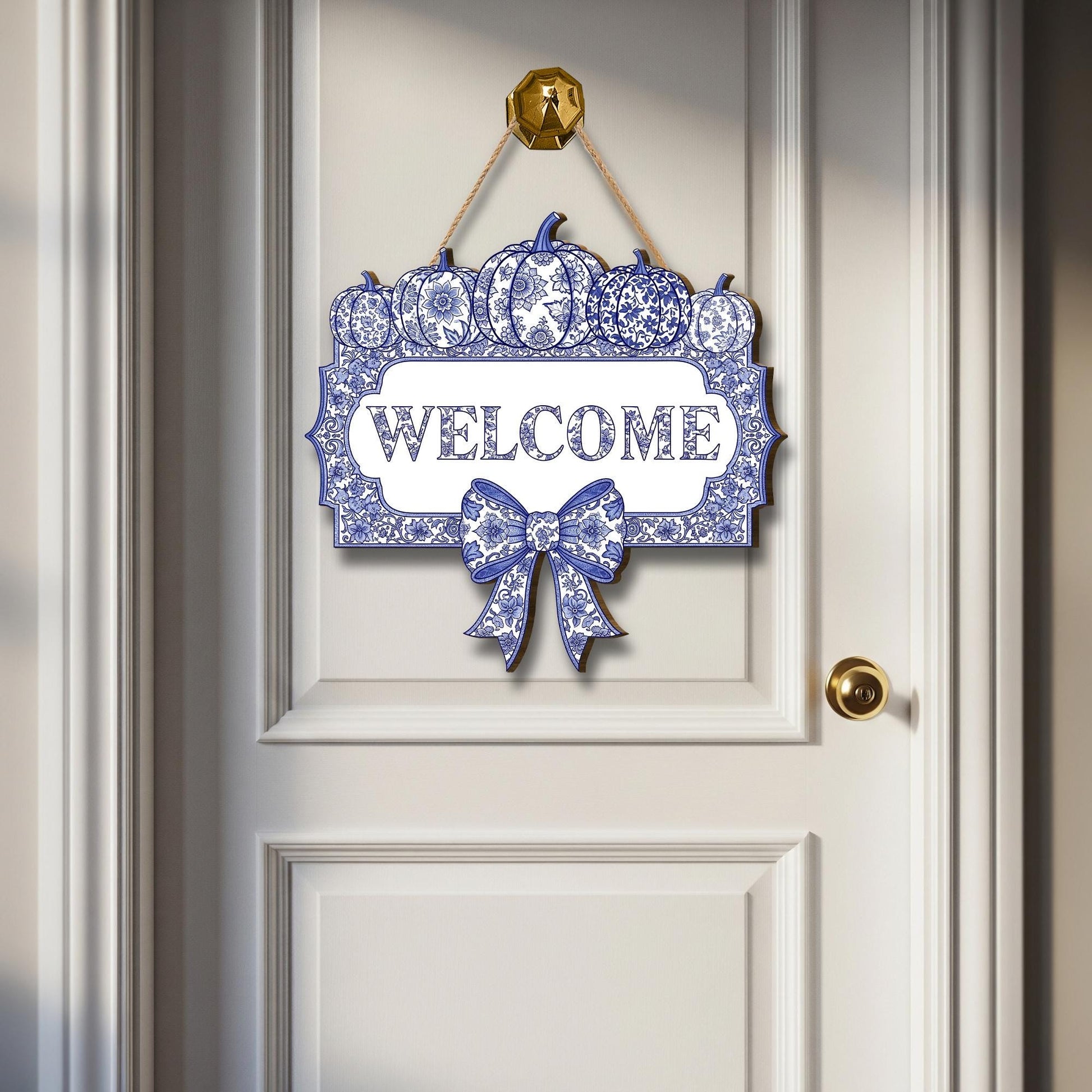 Chinoiserie Pumpkin Welcome Sign, Blue and White Fall Door Hanger, Autumn Front Porch Decor, Grandmillennial Halloween Wooden Plaque