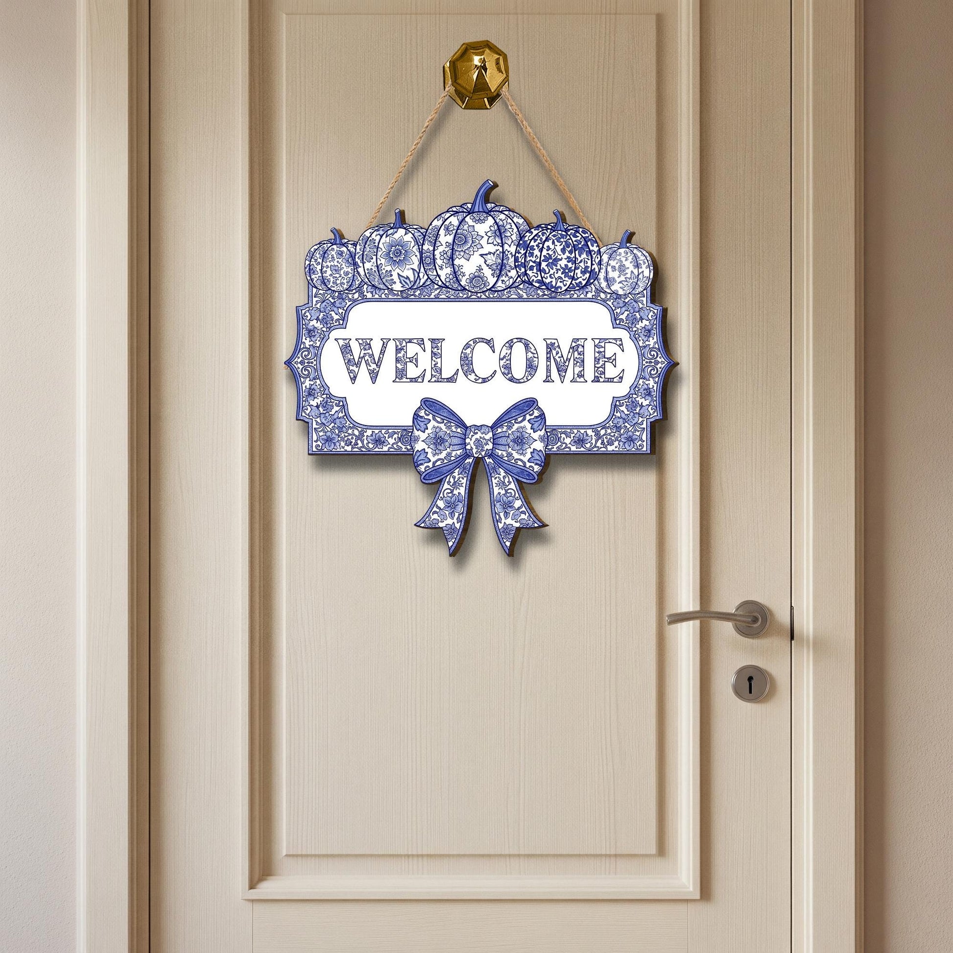 Chinoiserie Pumpkin Welcome Sign, Blue and White Fall Door Hanger, Autumn Front Porch Decor, Grandmillennial Halloween Wooden Plaque