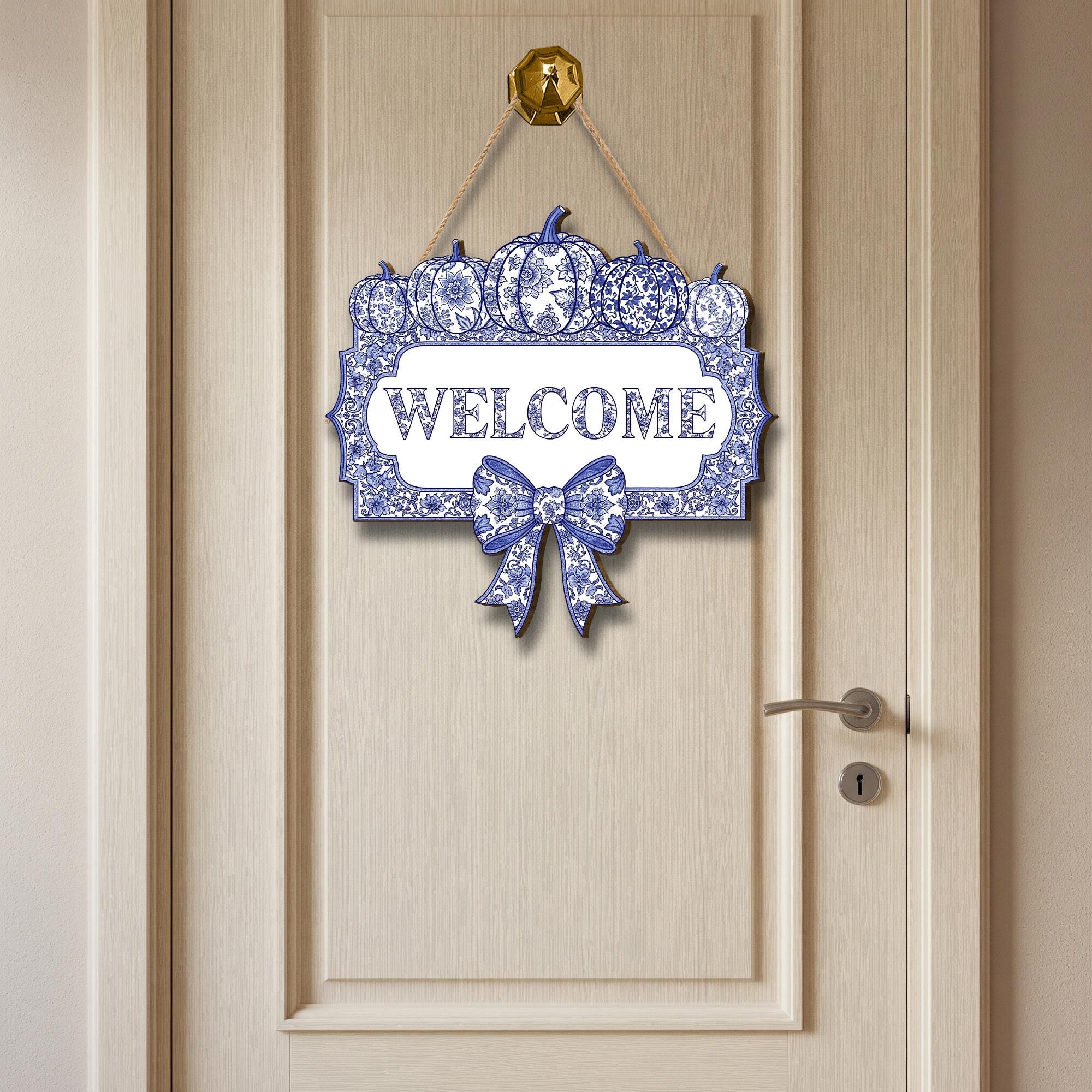 Chinoiserie Pumpkin Welcome Sign, Blue and White Fall Door Hanger, Autumn Front Porch Decor, Grandmillennial Halloween Wooden Plaque
