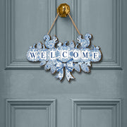 Chinoiserie Pumpkin Welcome Sign, Blue and White Fall Door Hanger, Autumn Front Door Decor, Grandmillennial Thanksgiving Wooden Wreath