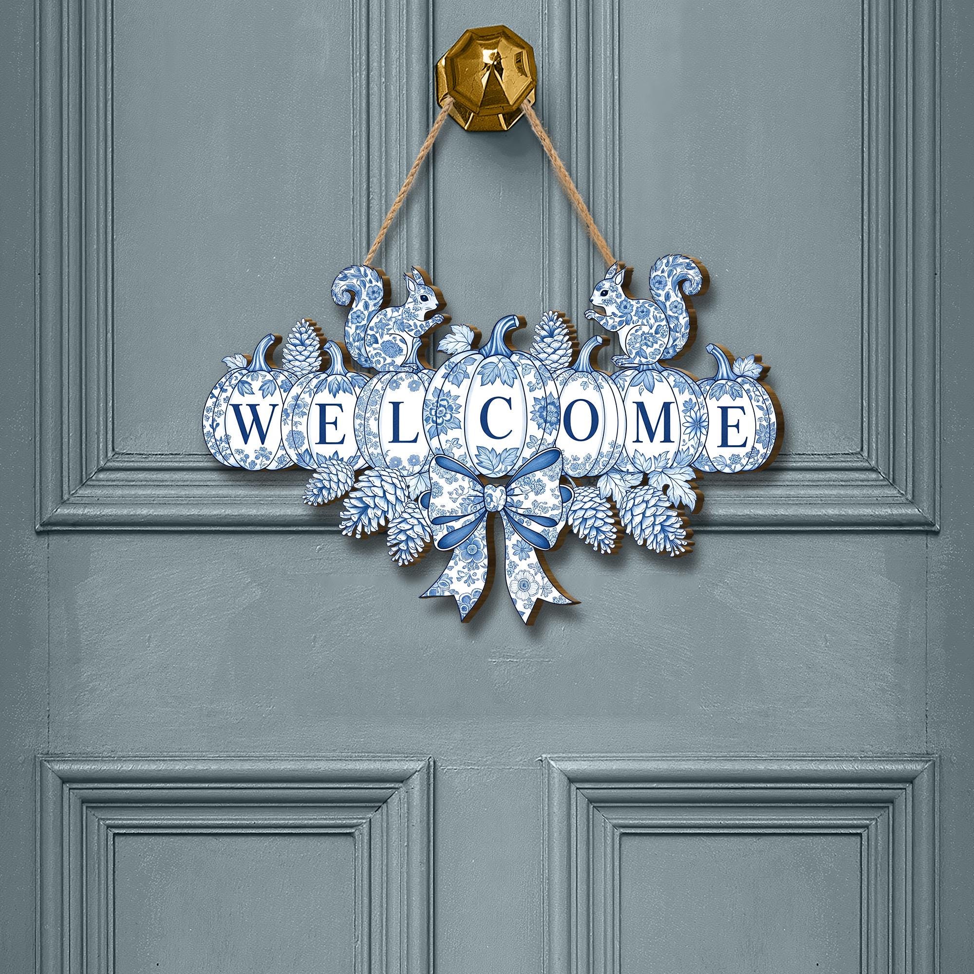 Chinoiserie Pumpkin Welcome Sign, Blue and White Fall Door Hanger, Autumn Front Door Decor, Grandmillennial Thanksgiving Wooden Wreath