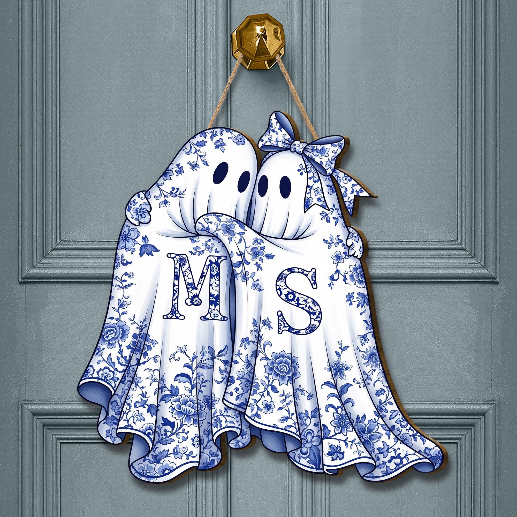 Personalized Chinoiserie Ghost Couple Sign, Halloween Door Hanger, Spooky Decor, Custom Initial Wood Sign, Grandmillennial Fall Decor