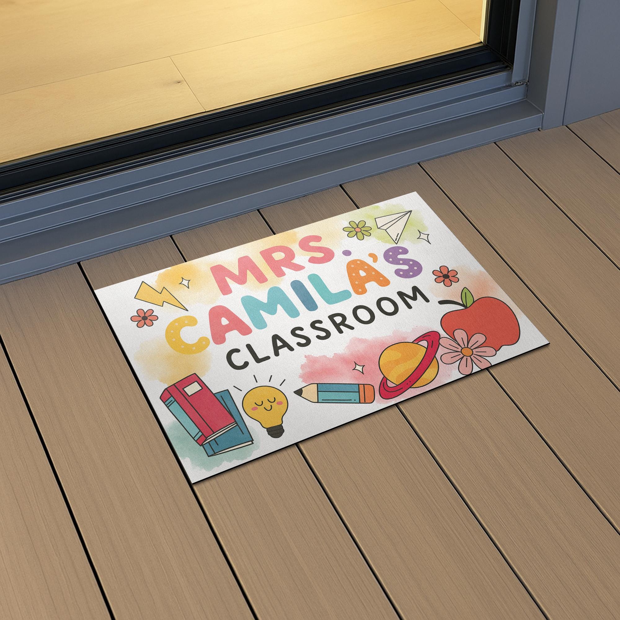 Personalized Teacher Doormat - Custom Classroom Rug with Name and Cute School Icons, Back to School Welcome Mat, Teacher Gift, Fun Teacher