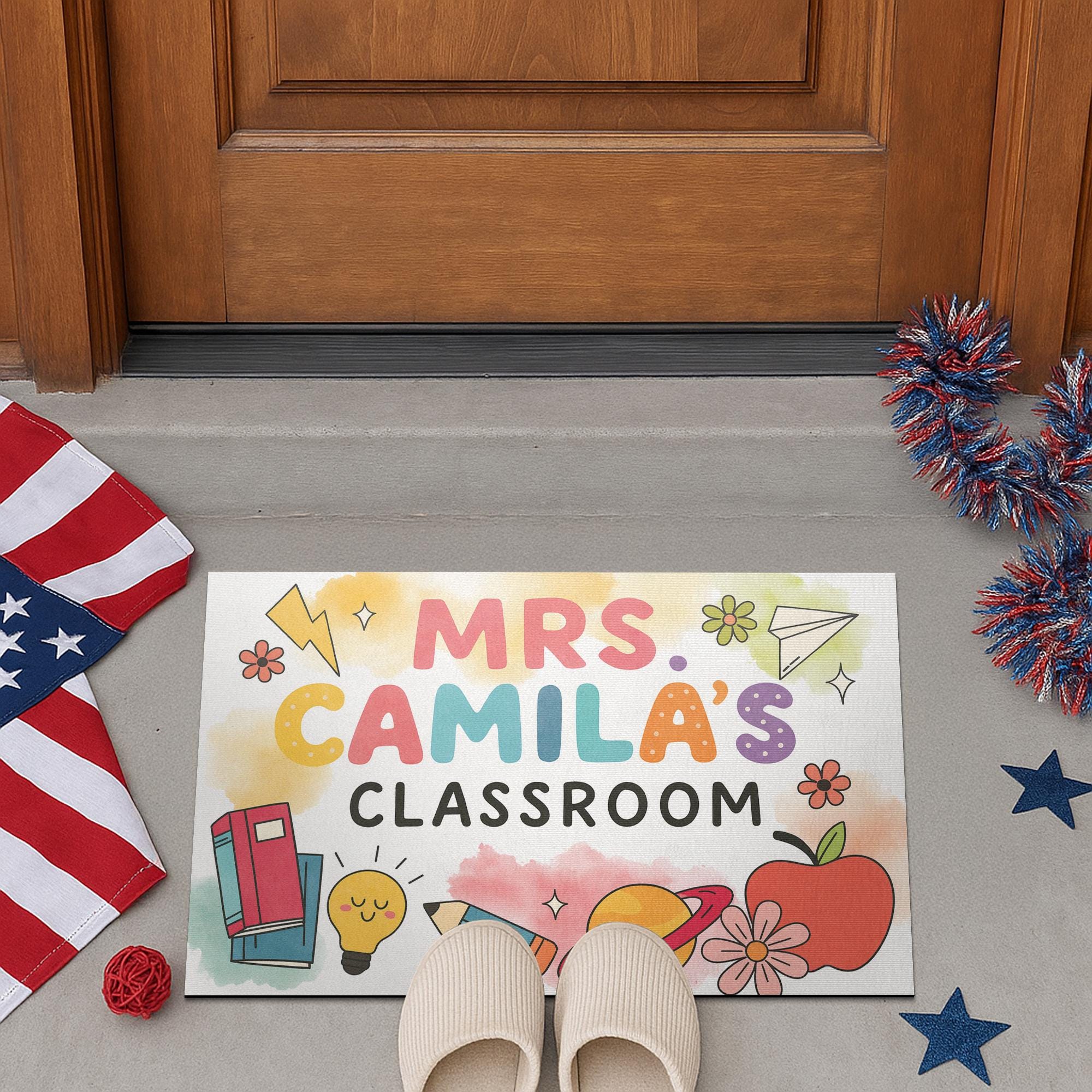 Personalized Teacher Doormat - Custom Classroom Rug with Name and Cute School Icons, Back to School Welcome Mat, Teacher Gift, Fun Teacher