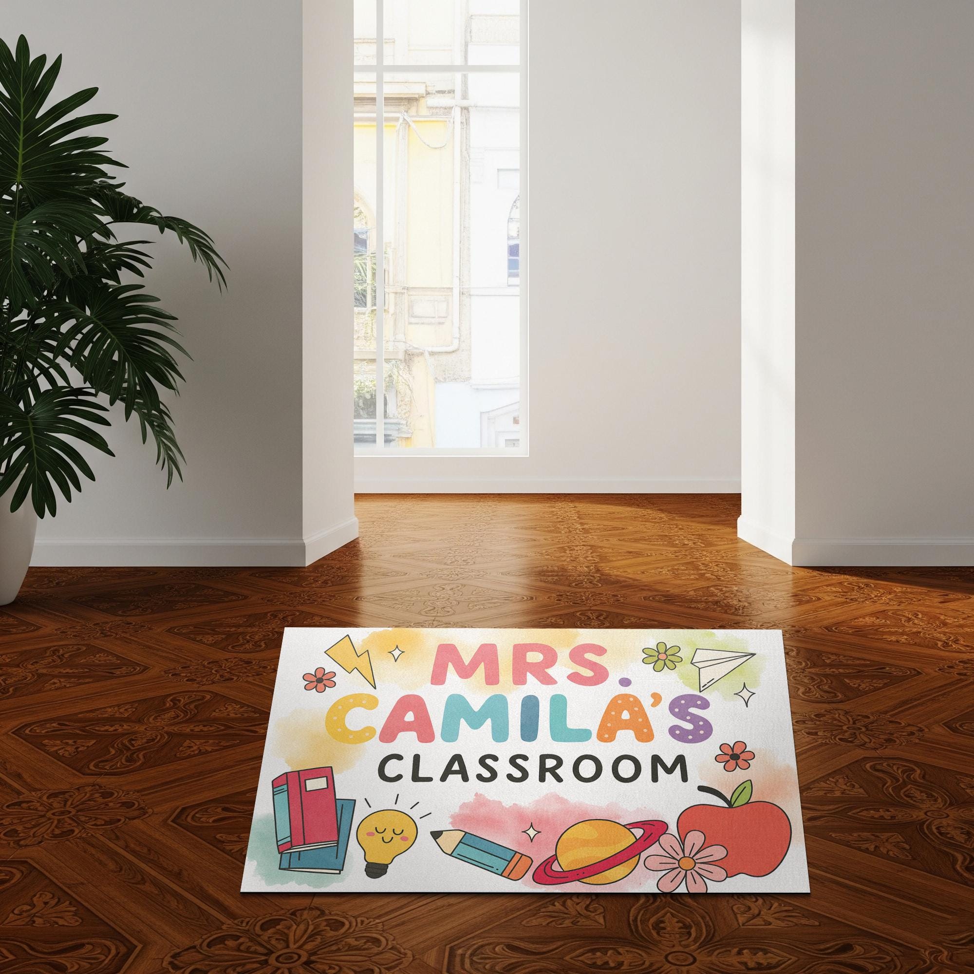 Personalized Teacher Doormat - Custom Classroom Rug with Name and Cute School Icons, Back to School Welcome Mat, Teacher Gift, Fun Teacher