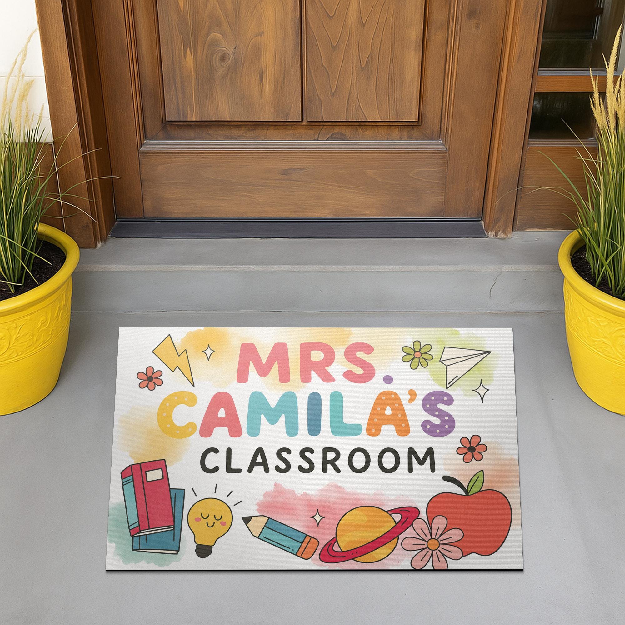 Personalized Teacher Doormat - Custom Classroom Rug with Name and Cute School Icons, Back to School Welcome Mat, Teacher Gift, Fun Teacher
