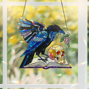 Acrylic Raven Suncatcher with Skull and Book, Gothic Window Hanging, Dark Academia Decor for Halloween and Year-Round Home Display