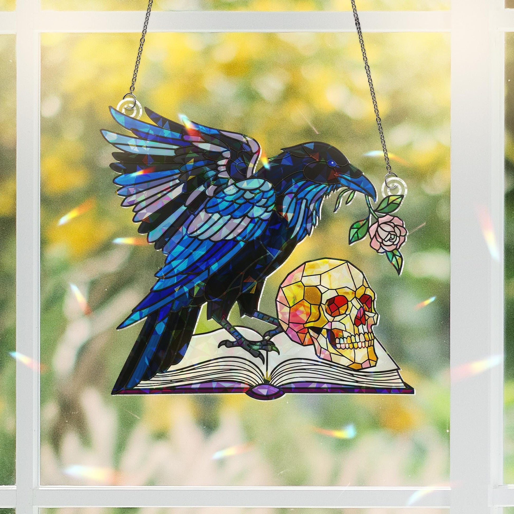 Acrylic Raven Suncatcher with Skull and Book, Gothic Window Hanging, Dark Academia Decor for Halloween and Year-Round Home Display