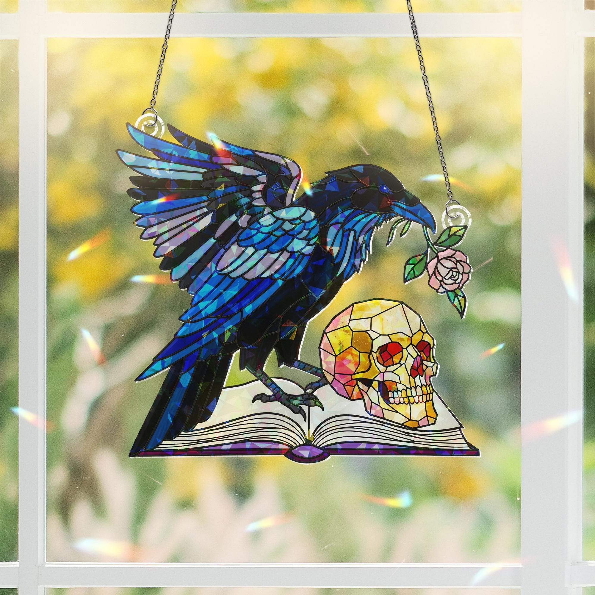 Acrylic Raven Suncatcher with Skull and Book, Gothic Window Hanging, Dark Academia Decor for Halloween and Year-Round Home Display