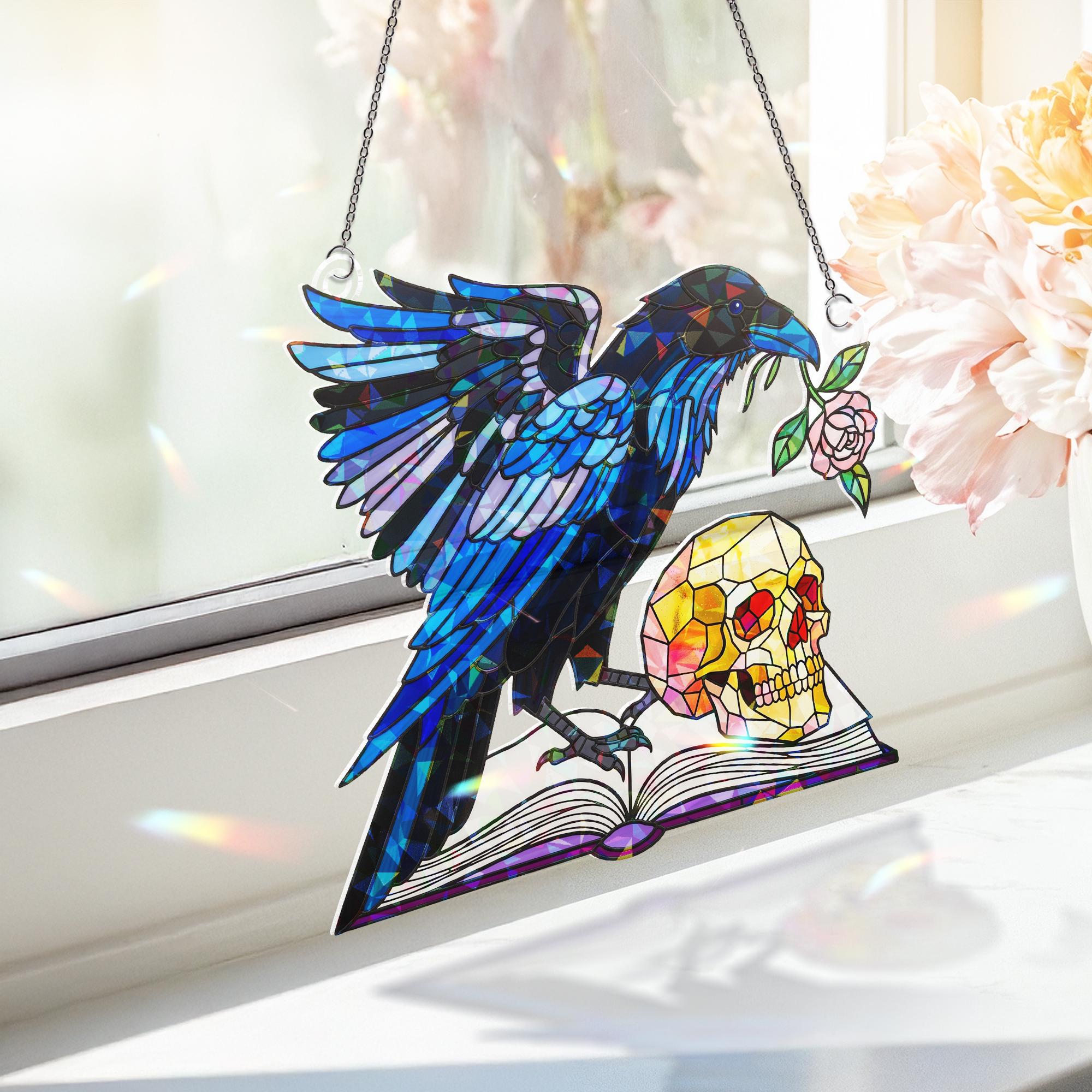 Acrylic Raven Suncatcher with Skull and Book, Gothic Window Hanging, Dark Academia Decor for Halloween and Year-Round Home Display