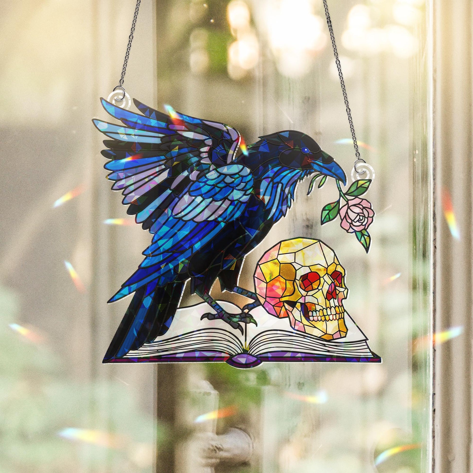 Acrylic Raven Suncatcher with Skull and Book, Gothic Window Hanging, Dark Academia Decor for Halloween and Year-Round Home Display