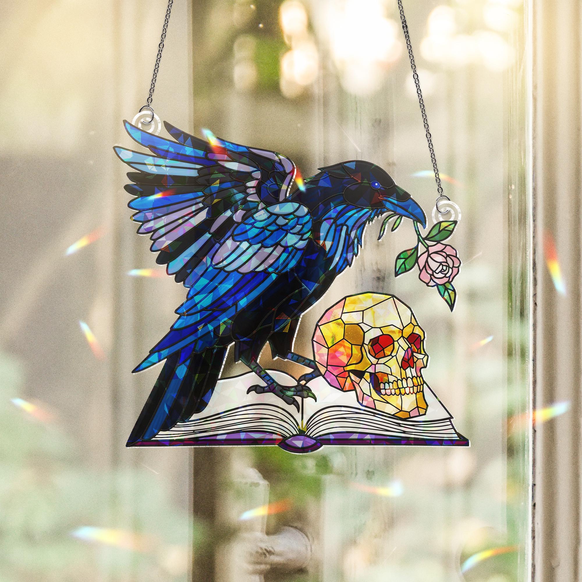 Acrylic Raven Suncatcher with Skull and Book, Gothic Window Hanging, Dark Academia Decor for Halloween and Year-Round Home Display