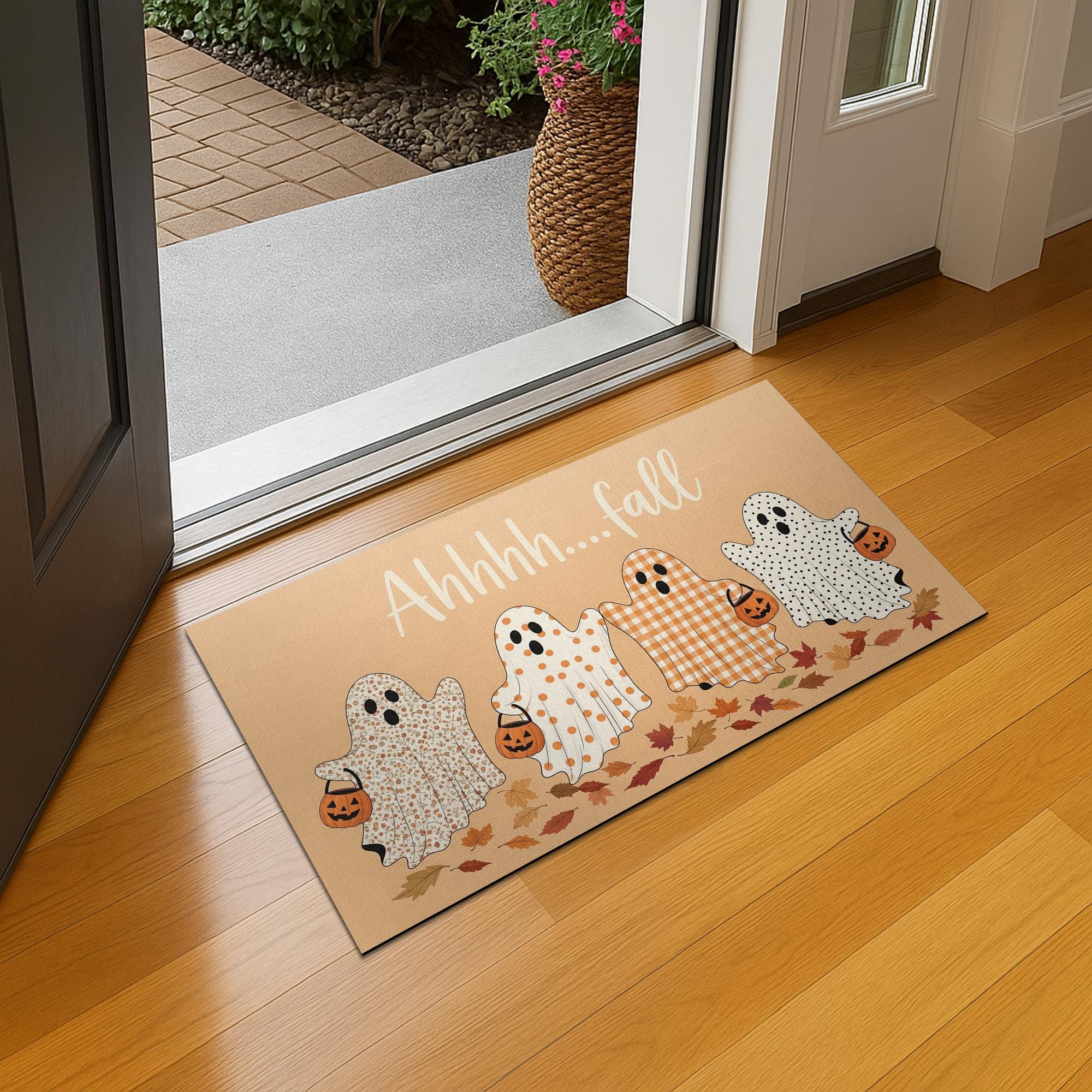 Ahhhh...Fall Ghost Doormat - Cute Trick-or-Treat Ghosts Fall Welcome Mat, Halloween Entry Rug