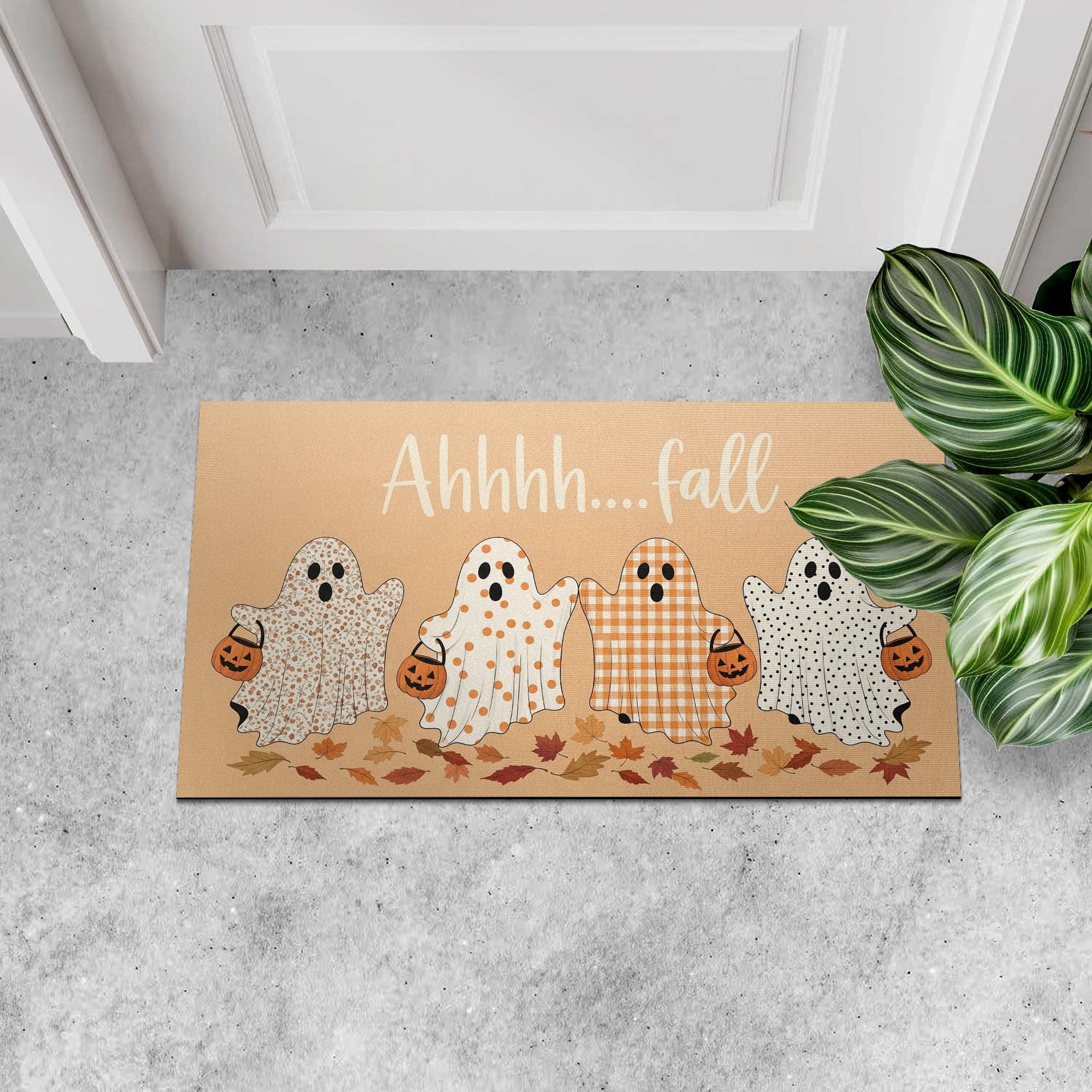 Ahhhh...Fall Ghost Doormat - Cute Trick-or-Treat Ghosts Fall Welcome Mat, Halloween Entry Rug