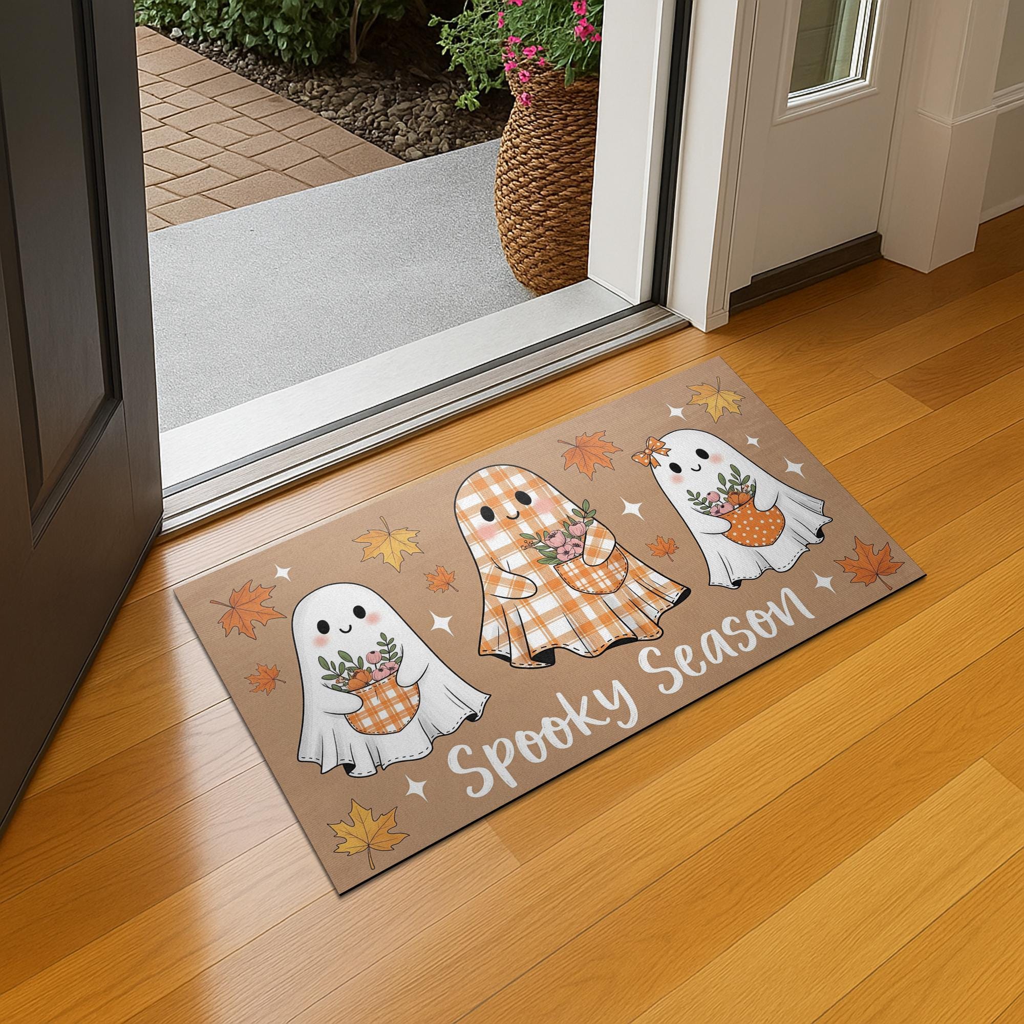 Spooky Season Ghost Doormat – Cute Plaid Ghost Welcome Mat, Fall Halloween Door Rug