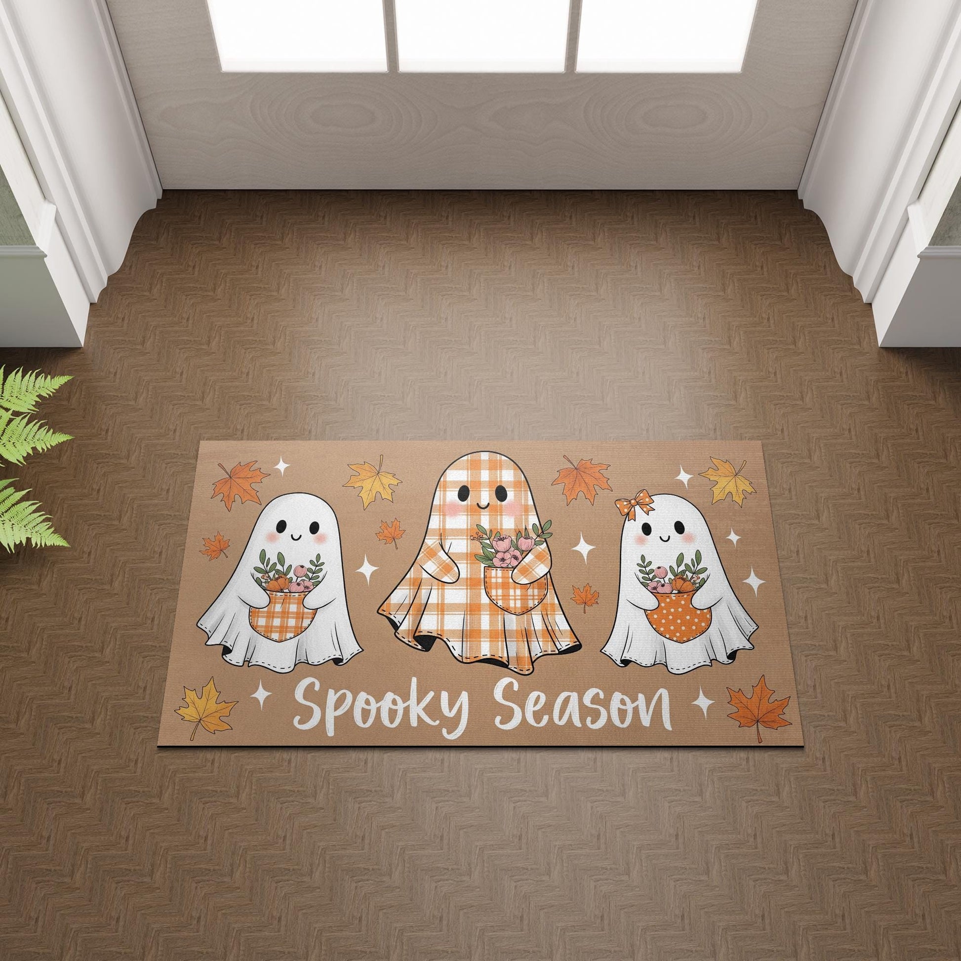 Spooky Season Ghost Doormat – Cute Plaid Ghost Welcome Mat, Fall Halloween Door Rug