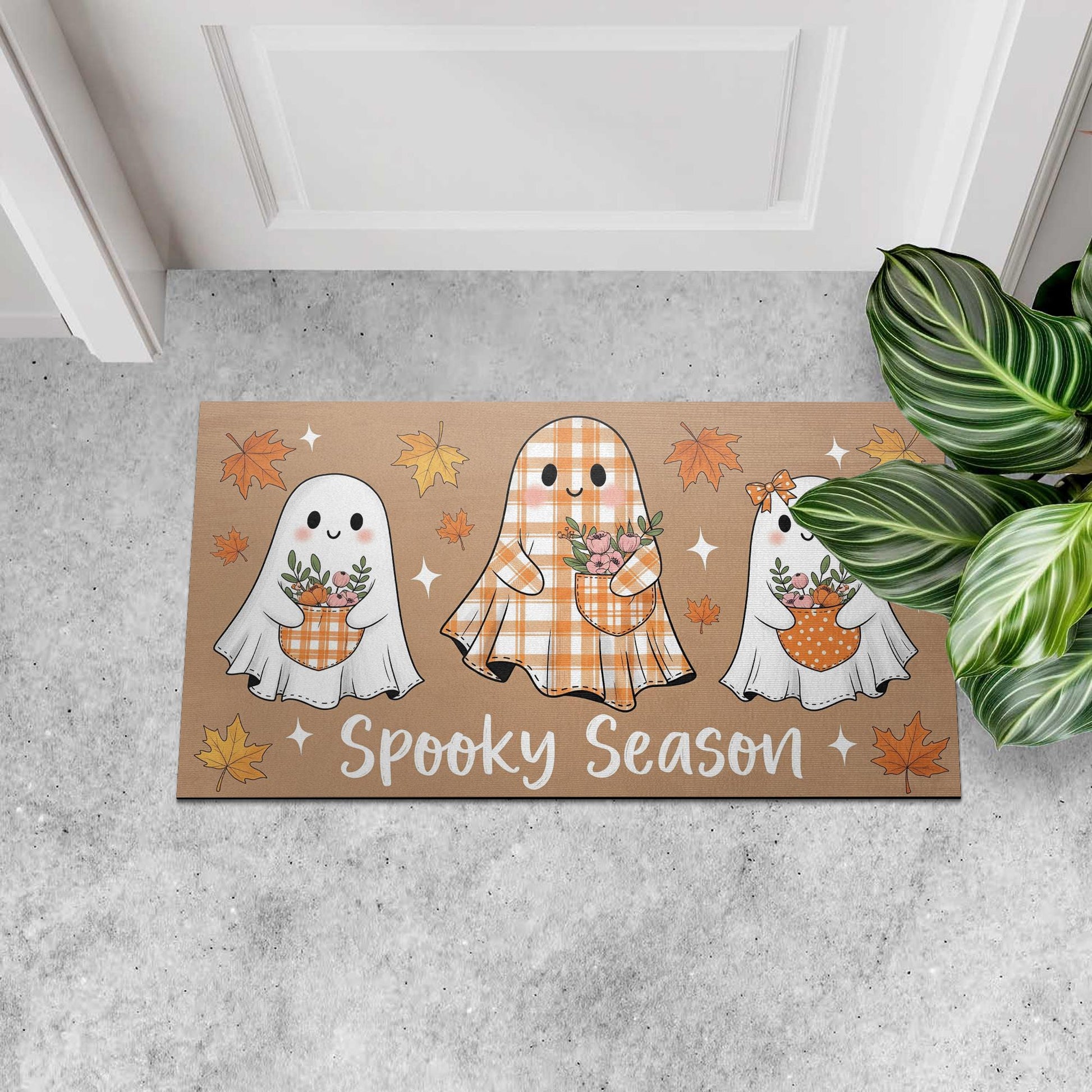 Spooky Season Ghost Doormat – Cute Plaid Ghost Welcome Mat, Fall Halloween Door Rug