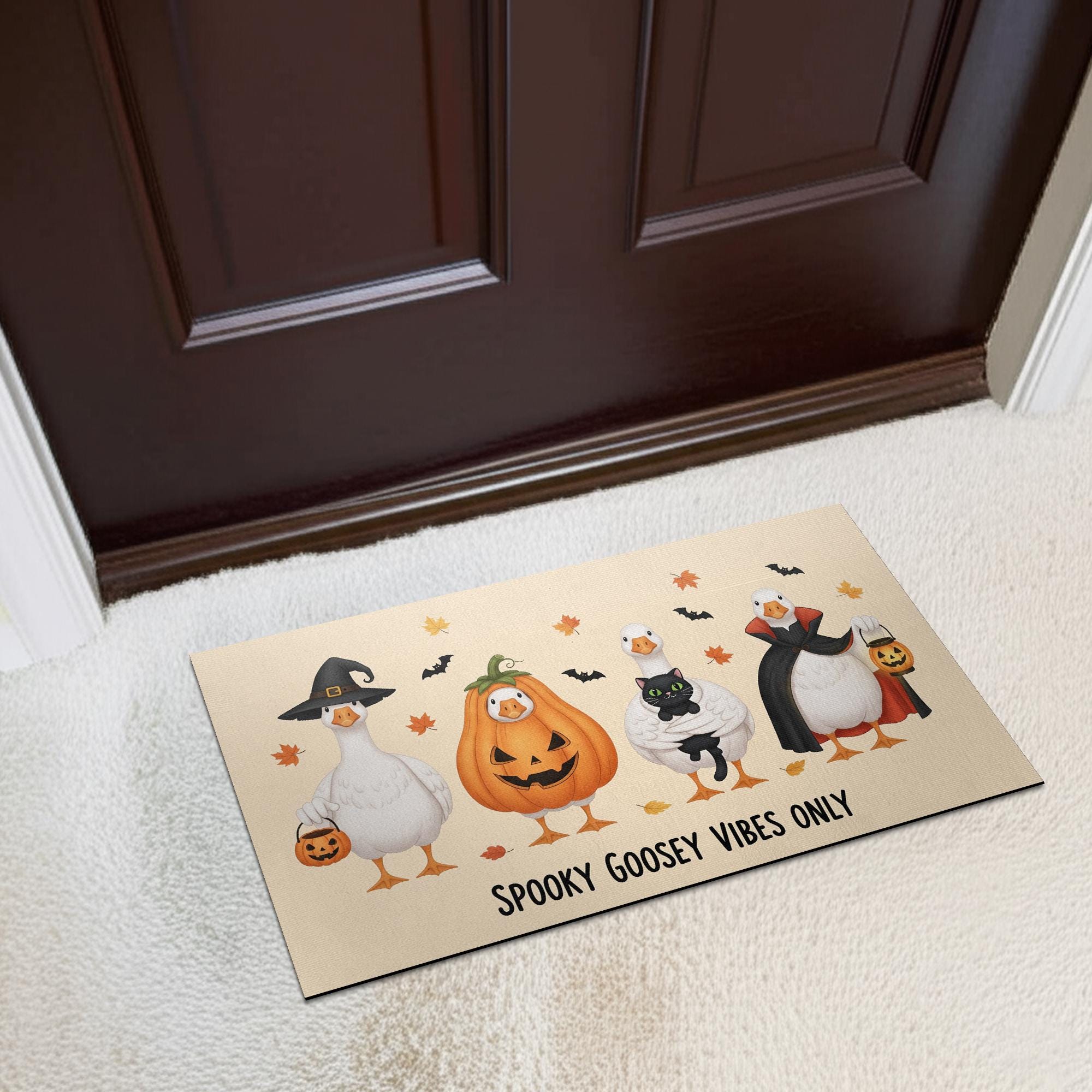 Halloween Goose Doormat, Funny Fall Welcome Mat with Pumpkins and Witches, Spooky Cute Entryway Rug for Autumn Porch Decoration