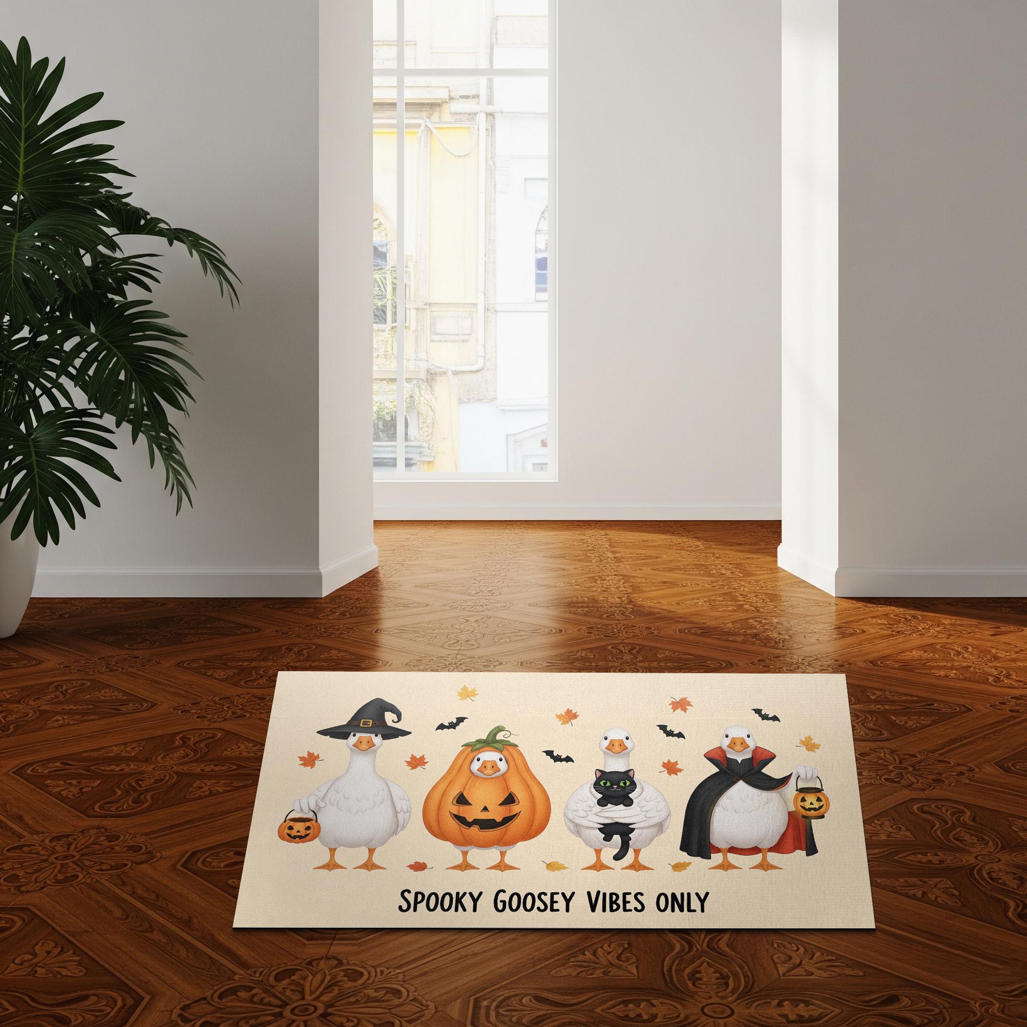 Halloween Goose Doormat, Funny Fall Welcome Mat with Pumpkins and Witches, Spooky Cute Entryway Rug for Autumn Porch Decoration