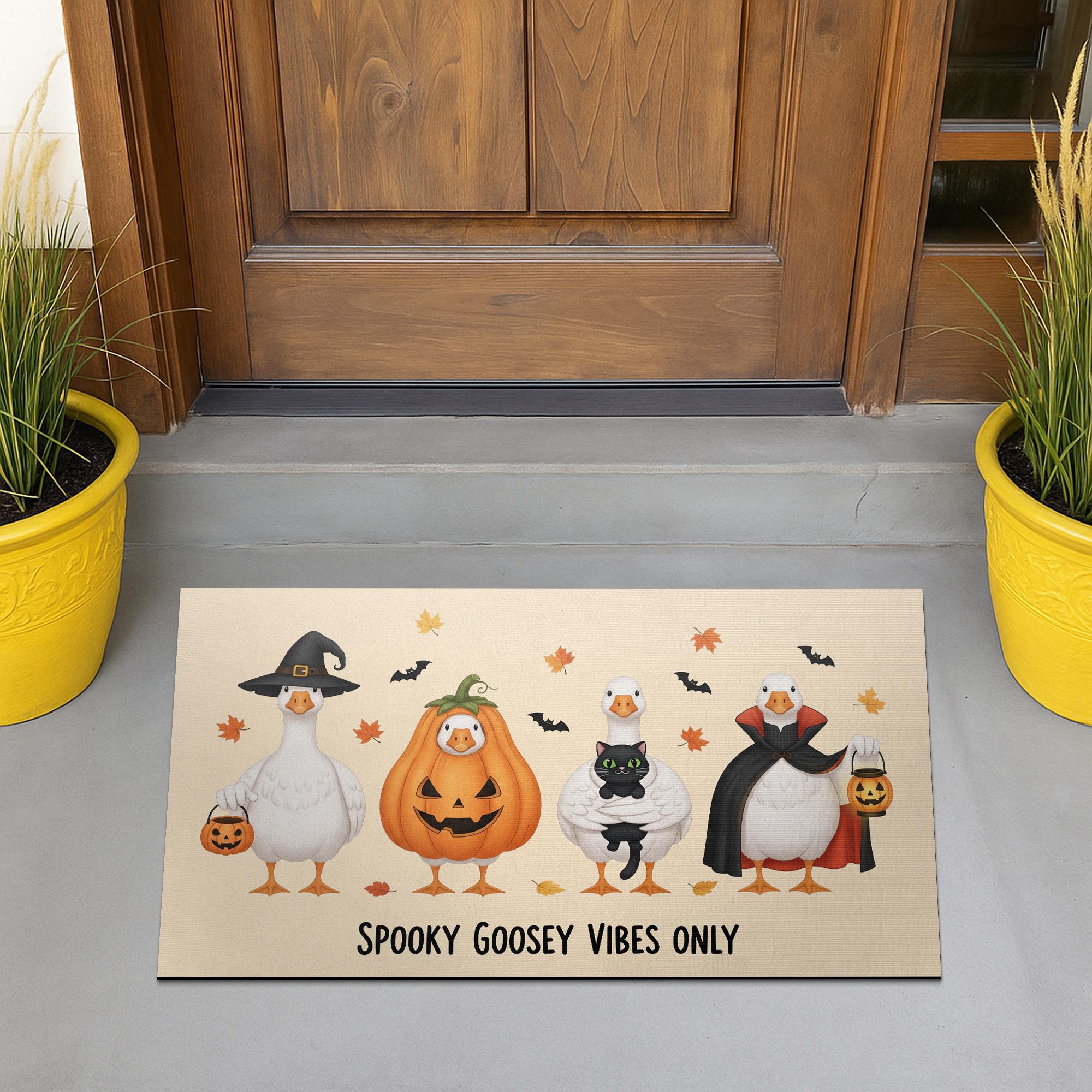 Halloween Goose Doormat, Funny Fall Welcome Mat with Pumpkins and Witches, Spooky Cute Entryway Rug for Autumn Porch Decoration