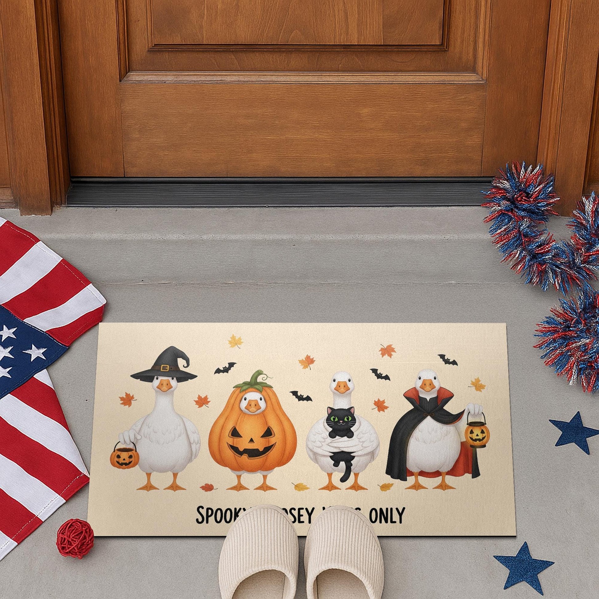 Halloween Goose Doormat, Funny Fall Welcome Mat with Pumpkins and Witches, Spooky Cute Entryway Rug for Autumn Porch Decoration