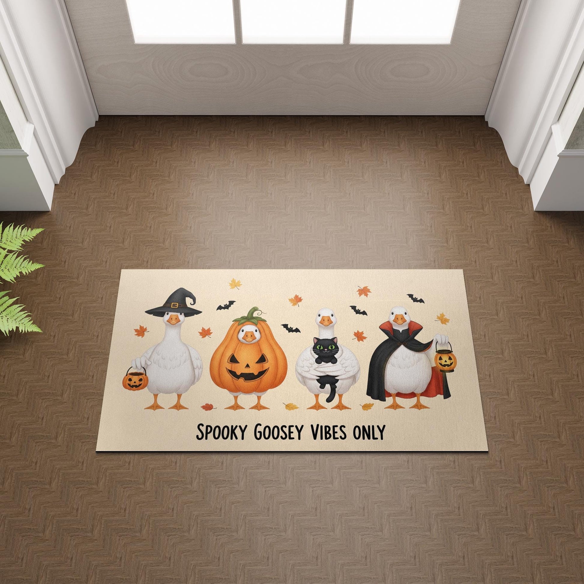 Halloween Goose Doormat, Funny Fall Welcome Mat with Pumpkins and Witches, Spooky Cute Entryway Rug for Autumn Porch Decoration