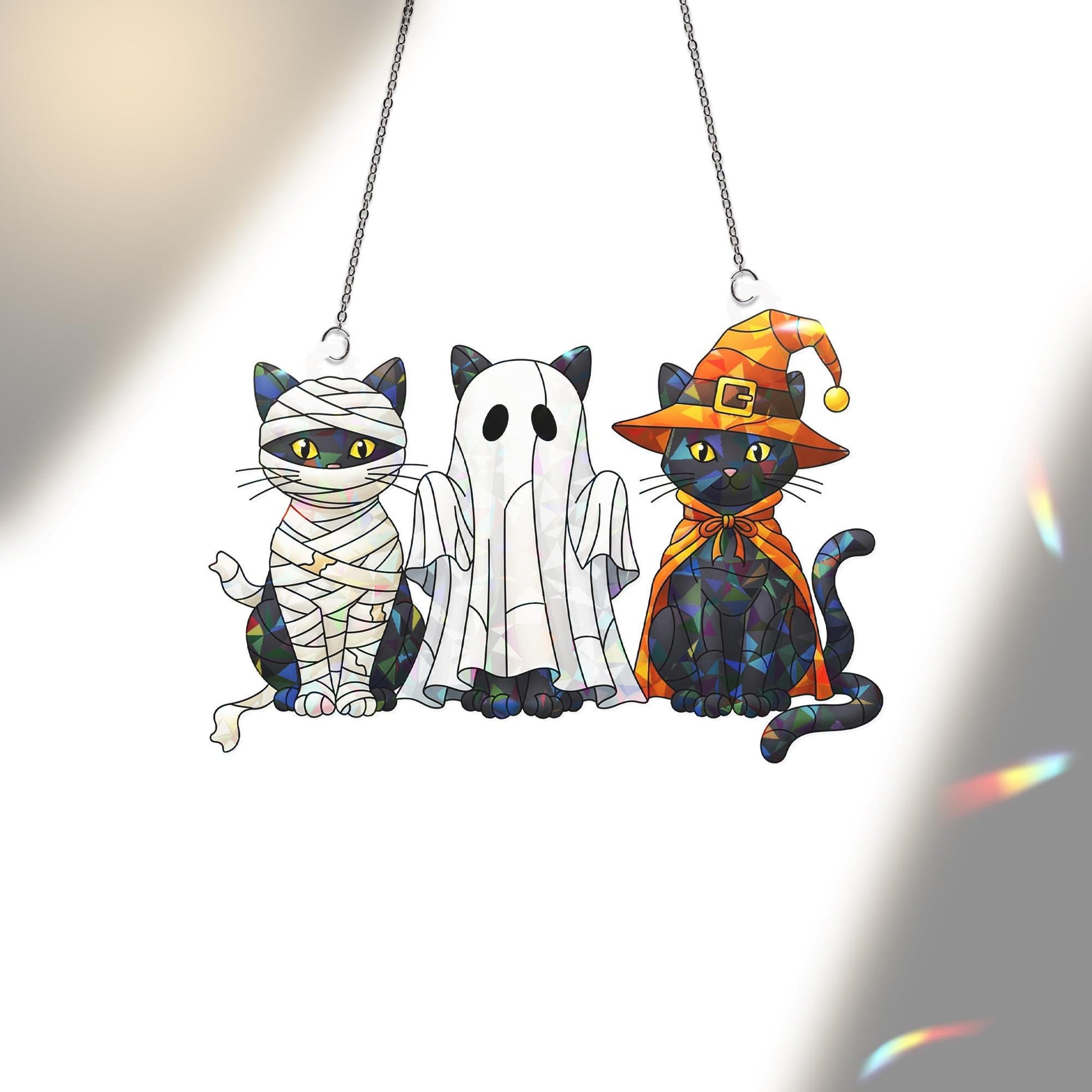 Acrylic Halloween Cat Hologram, Cute Black Cats in Costumes Window Hanging, Spooky Fall Home Decor for Autumn and Holiday Display