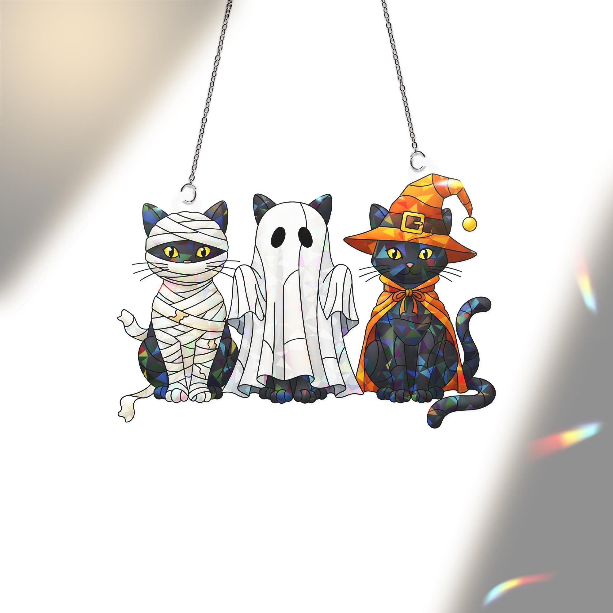 Acrylic Halloween Cat Hologram, Cute Black Cats in Costumes Window Hanging, Spooky Fall Home Decor for Autumn and Holiday Display