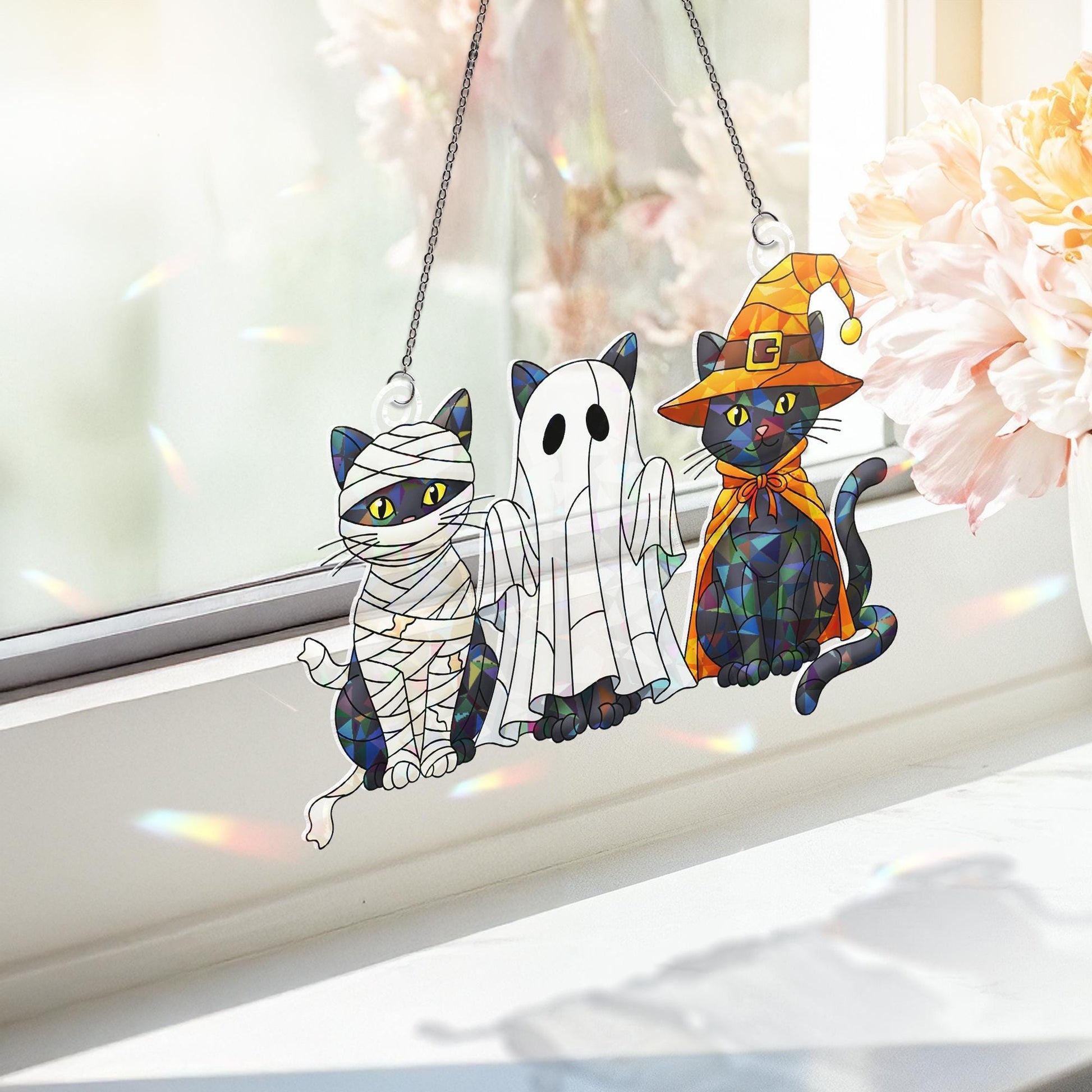Acrylic Halloween Cat Hologram, Cute Black Cats in Costumes Window Hanging, Spooky Fall Home Decor for Autumn and Holiday Display