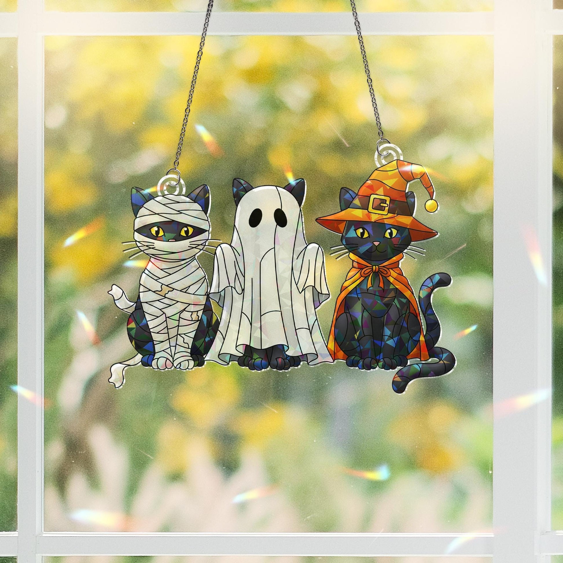 Acrylic Halloween Cat Hologram, Cute Black Cats in Costumes Window Hanging, Spooky Fall Home Decor for Autumn and Holiday Display