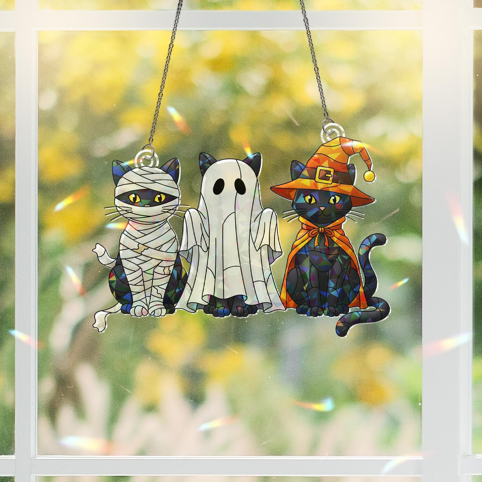 Acrylic Halloween Cat Hologram, Cute Black Cats in Costumes Window Hanging, Spooky Fall Home Decor for Autumn and Holiday Display