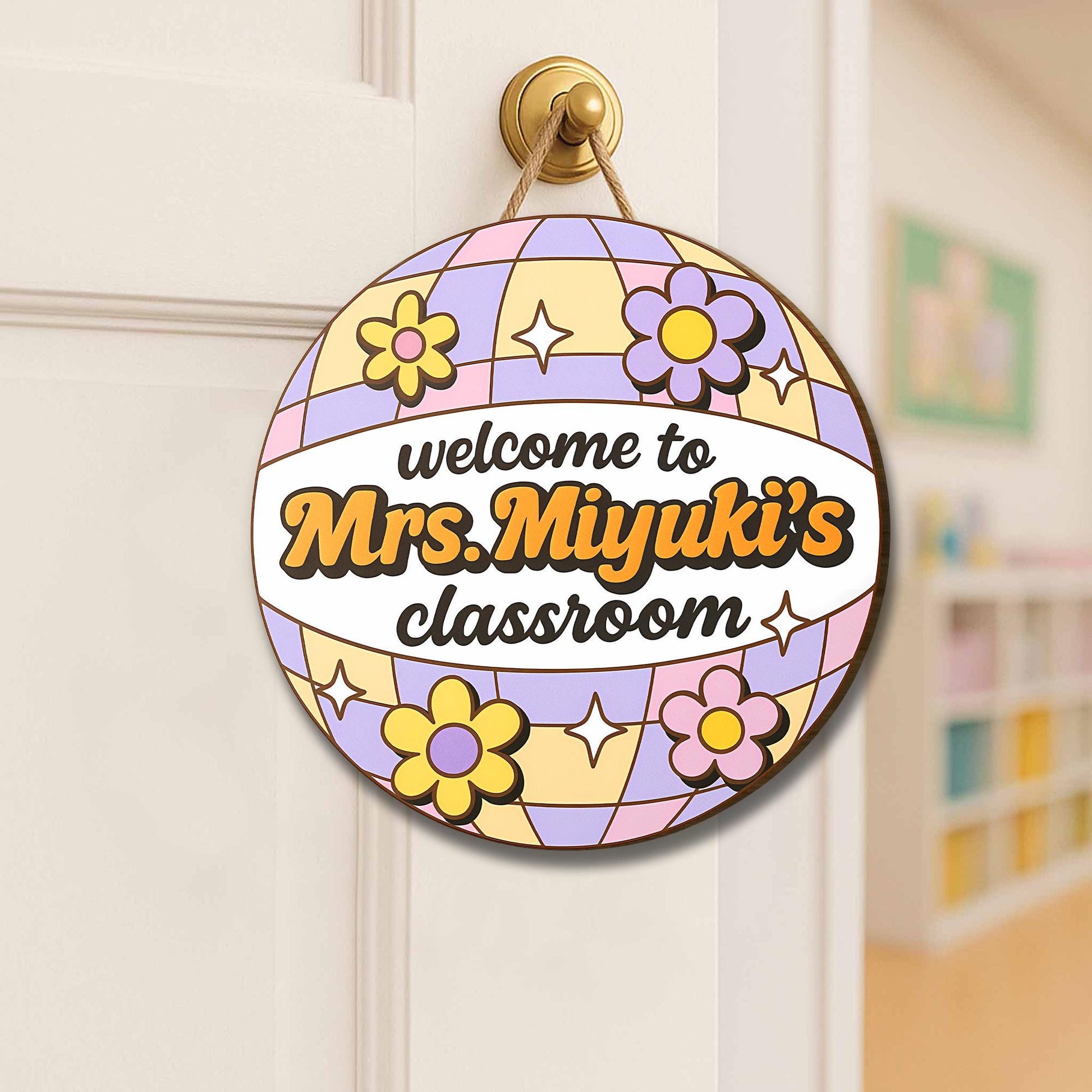 Retro Disco Ball Classroom Door Sign for Teachers - Personalized Welcome Sign with Flowers - Custom Name Floral Decor for School, Classroom