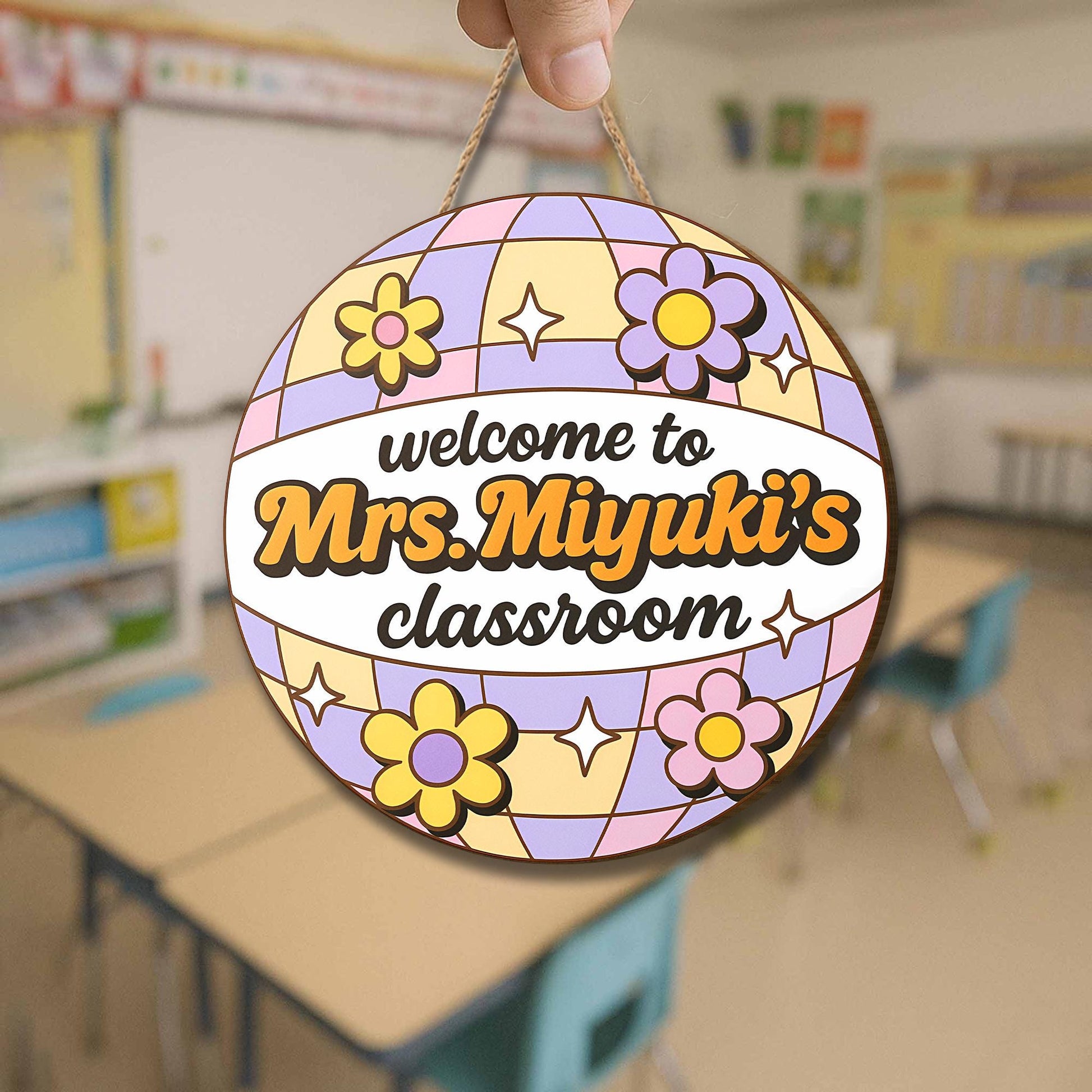 Retro Disco Ball Classroom Door Sign for Teachers - Personalized Welcome Sign with Flowers - Custom Name Floral Decor for School, Classroom