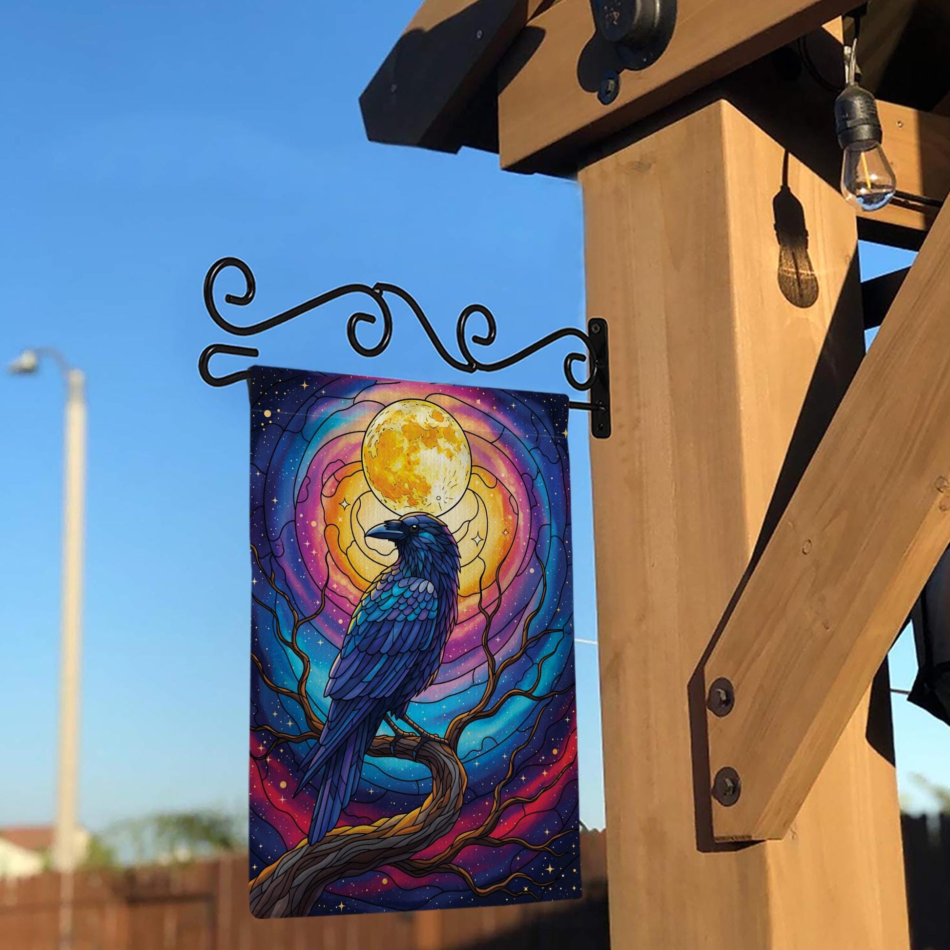 Stained Glass Raven Garden Flag – Mystical Crow Full Moon Yard Decor – Gothic Halloween Outdoor Banner – Fantasy Bird Witchy Flag