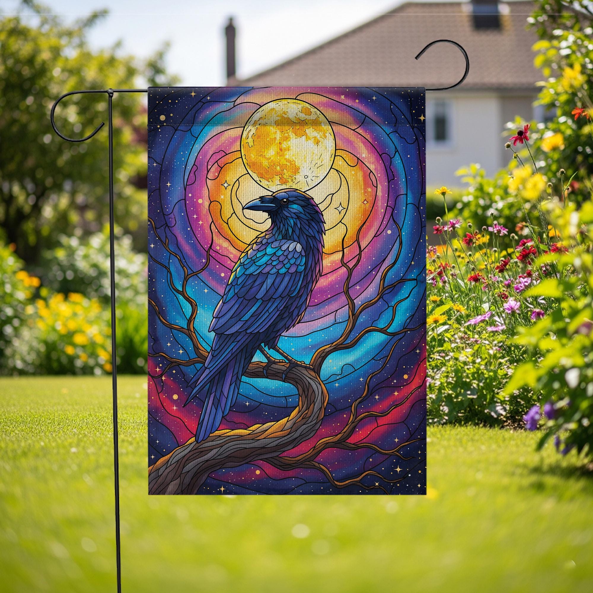 Stained Glass Raven Garden Flag – Mystical Crow Full Moon Yard Decor – Gothic Halloween Outdoor Banner – Fantasy Bird Witchy Flag