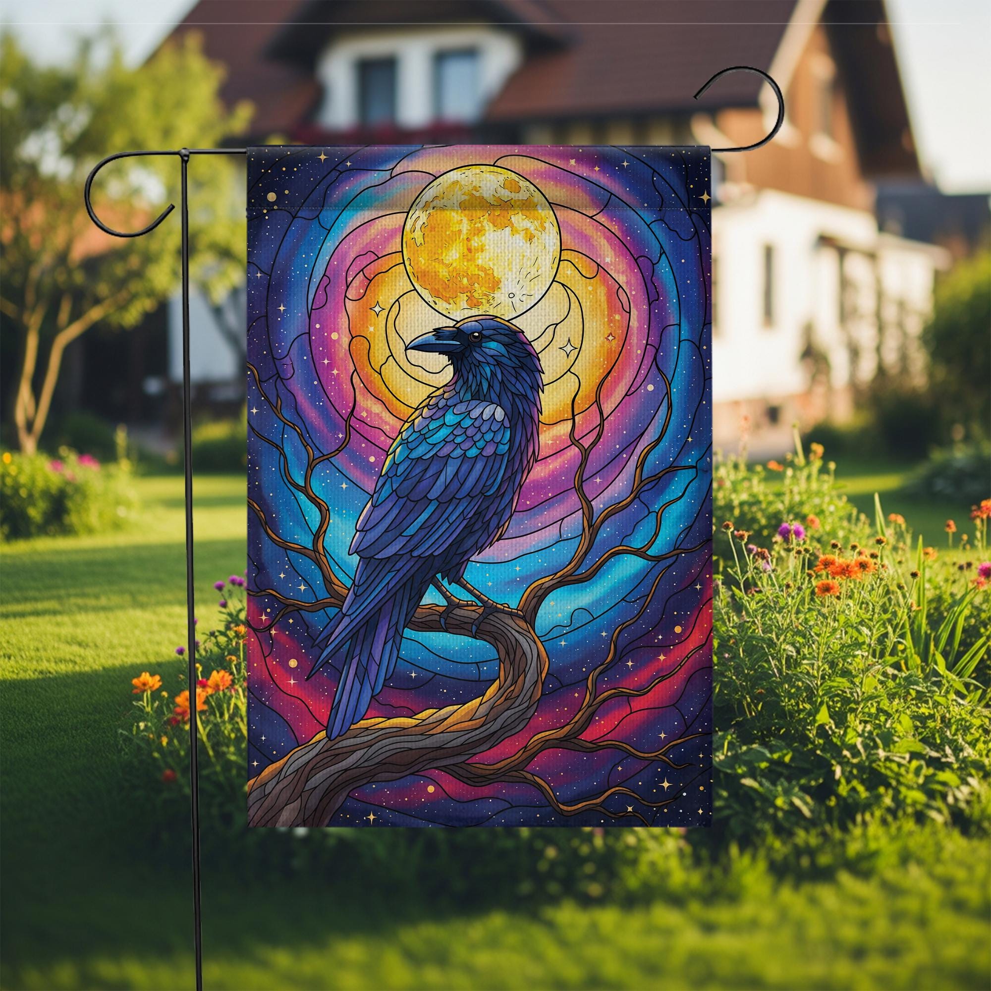Stained Glass Raven Garden Flag – Mystical Crow Full Moon Yard Decor – Gothic Halloween Outdoor Banner – Fantasy Bird Witchy Flag
