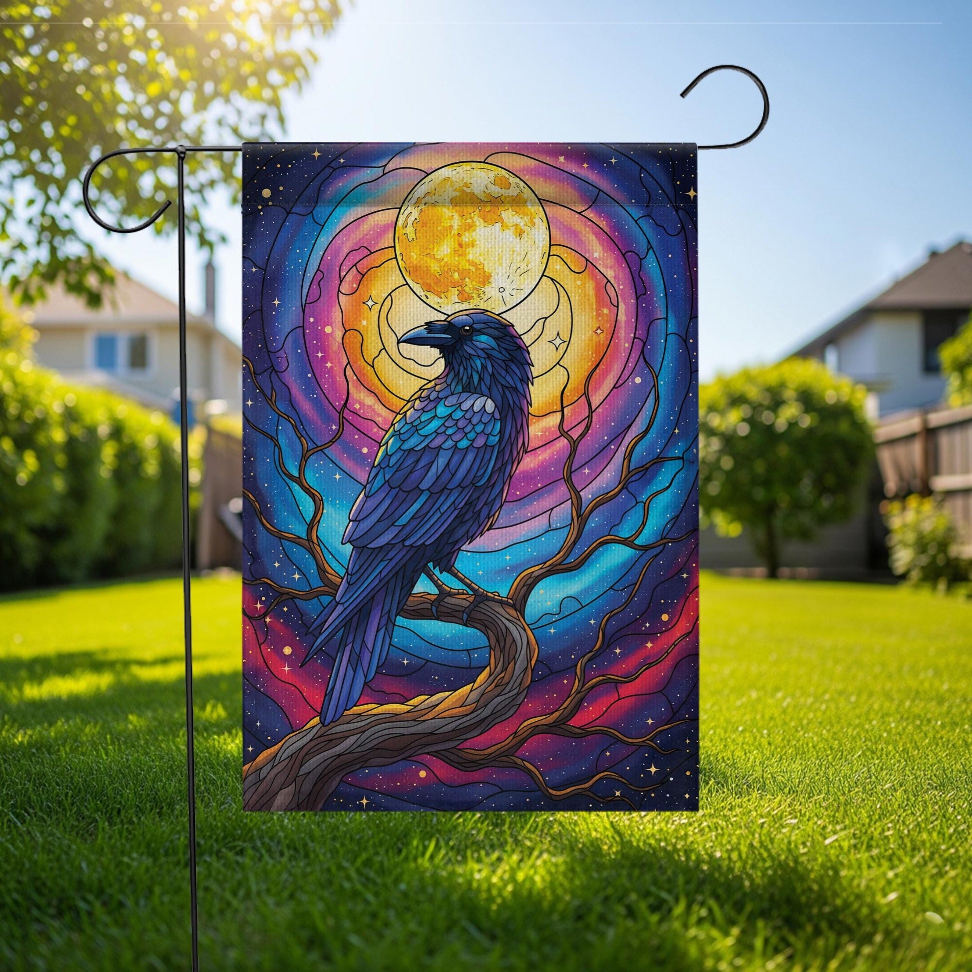 Stained Glass Raven Garden Flag – Mystical Crow Full Moon Yard Decor – Gothic Halloween Outdoor Banner – Fantasy Bird Witchy Flag
