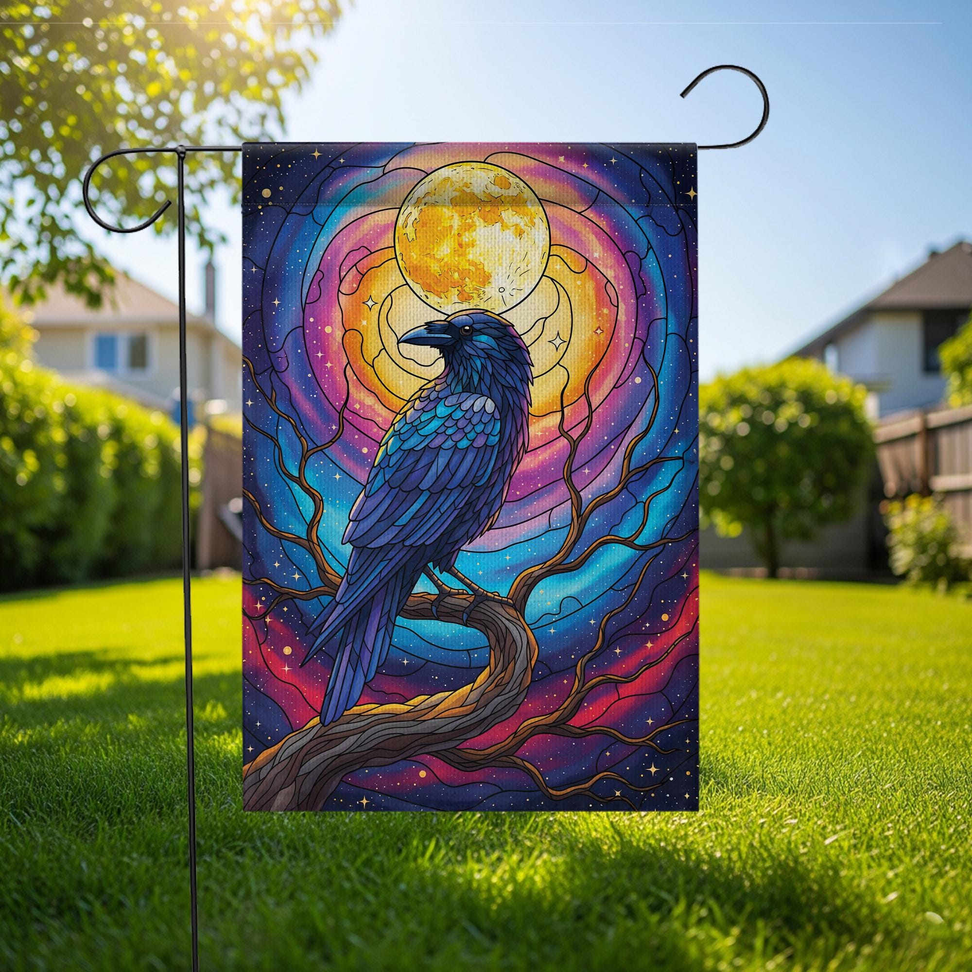Stained Glass Raven Garden Flag – Mystical Crow Full Moon Yard Decor – Gothic Halloween Outdoor Banner – Fantasy Bird Witchy Flag